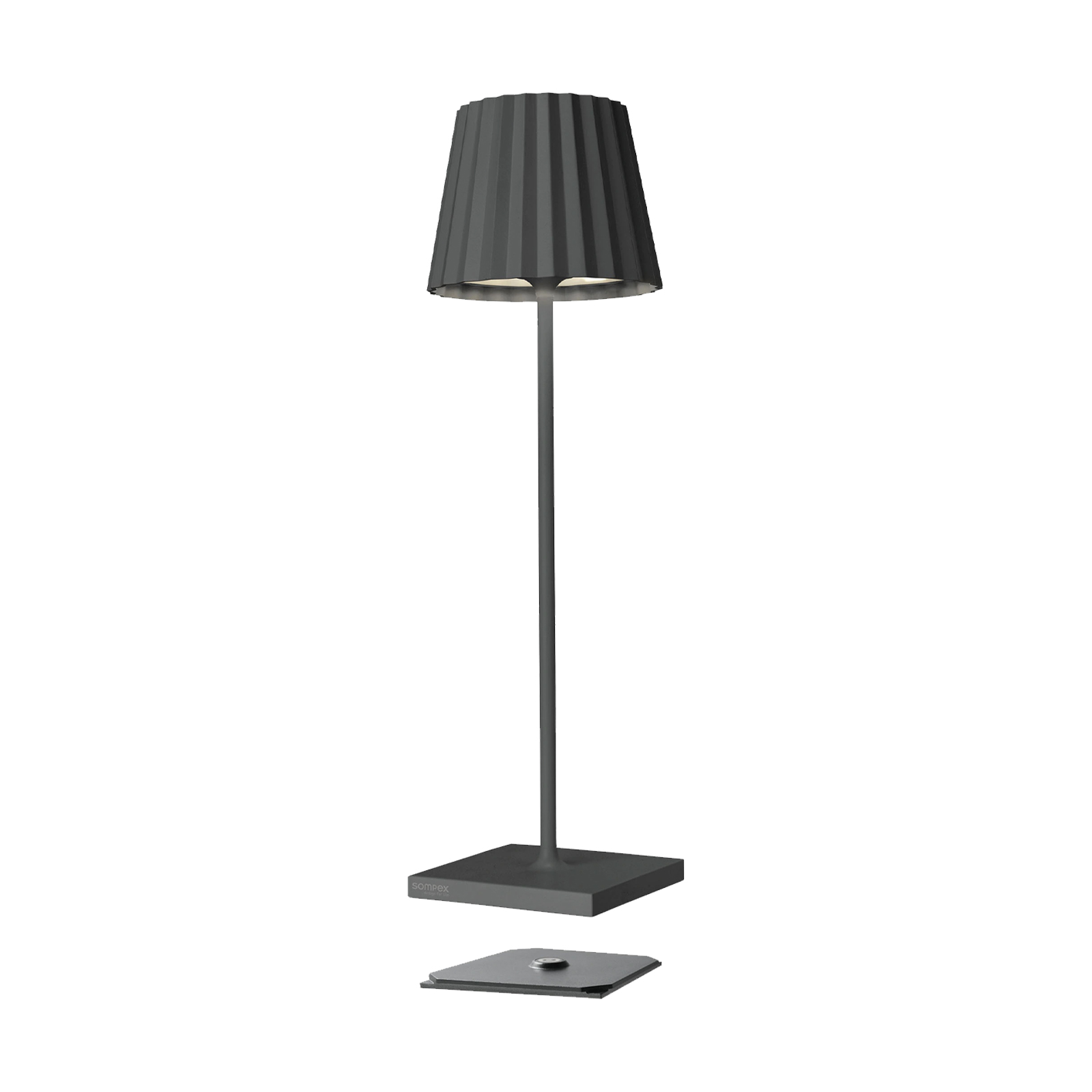 Moderne graue Akku Tischleuchte mit Plissee-Schirm von Sompex für stilvolle Indoor- und Outdoor-Beleuchtung.