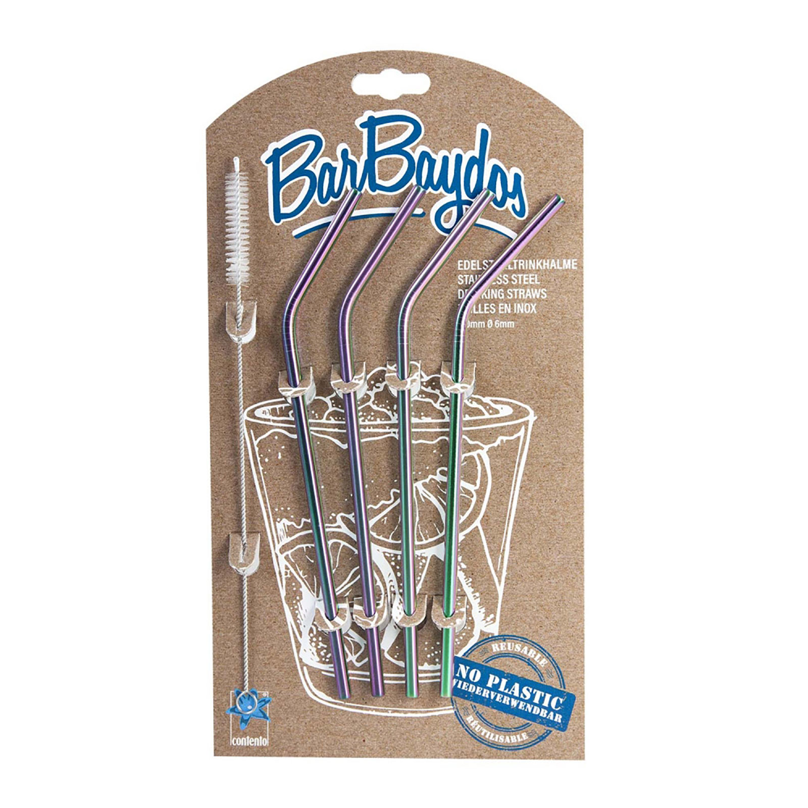 Contento BarBaydos 4er-Set Edelstahltrinkhalm 0,6 x 21cm gebogen regenbogen