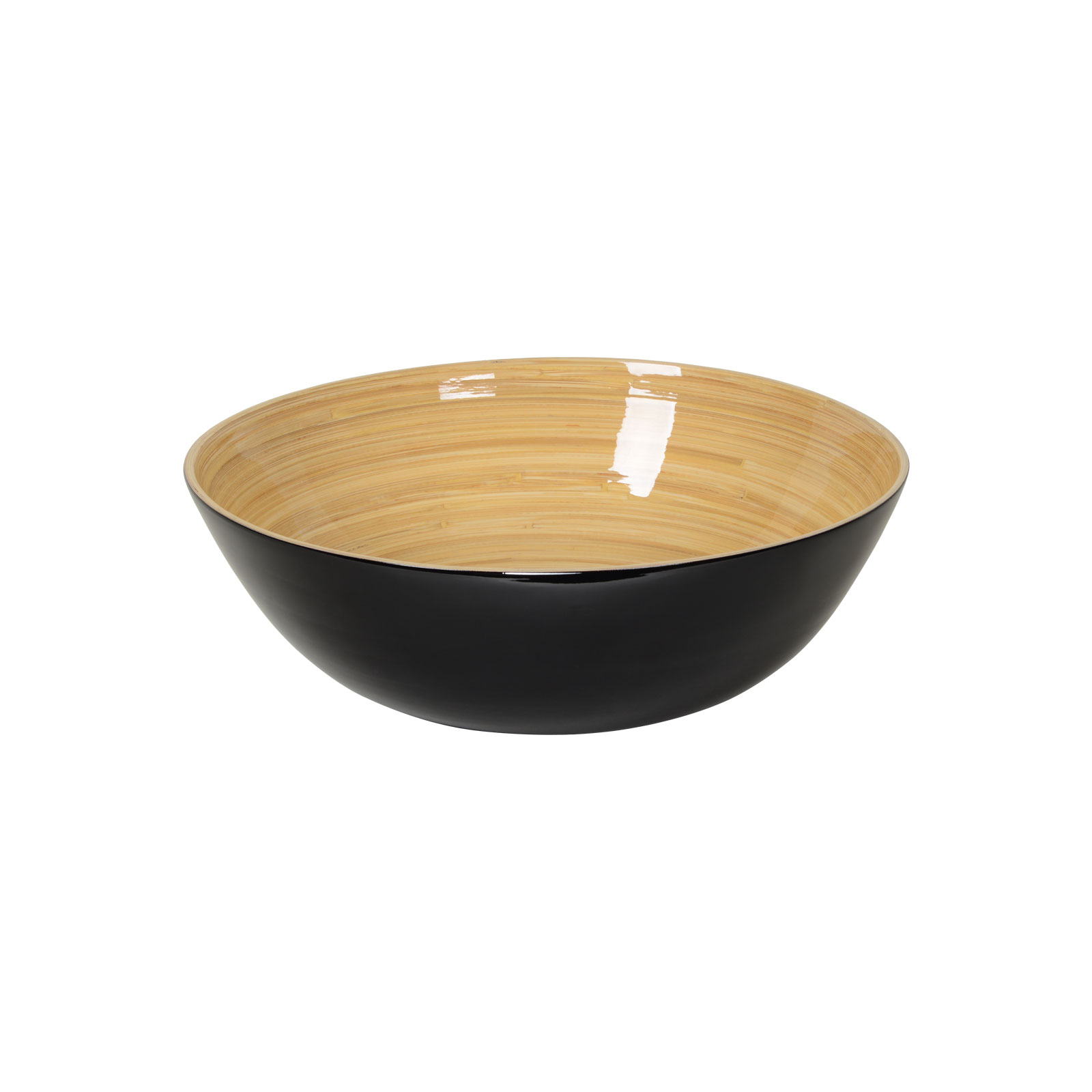 Die glänzend lackierte Bambus-Schüssel flach 30cm schwarz ist außen schwarz und zeigt innen das schöne Holz.