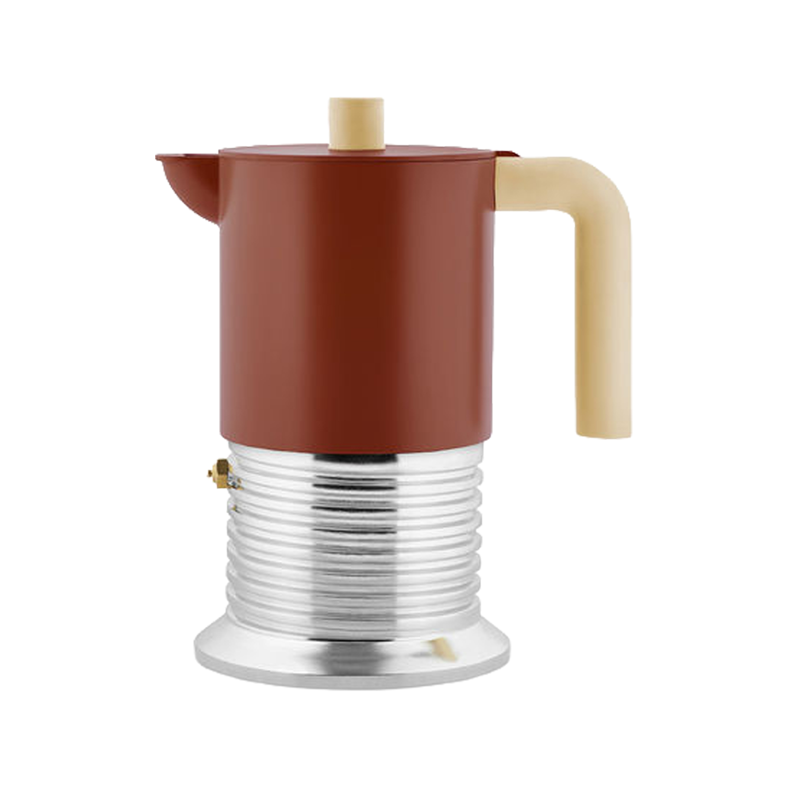 Alessi VITE Espressokocher für 6 Tassen in braun von Philippe Malouin vor weißem Hintergrund.