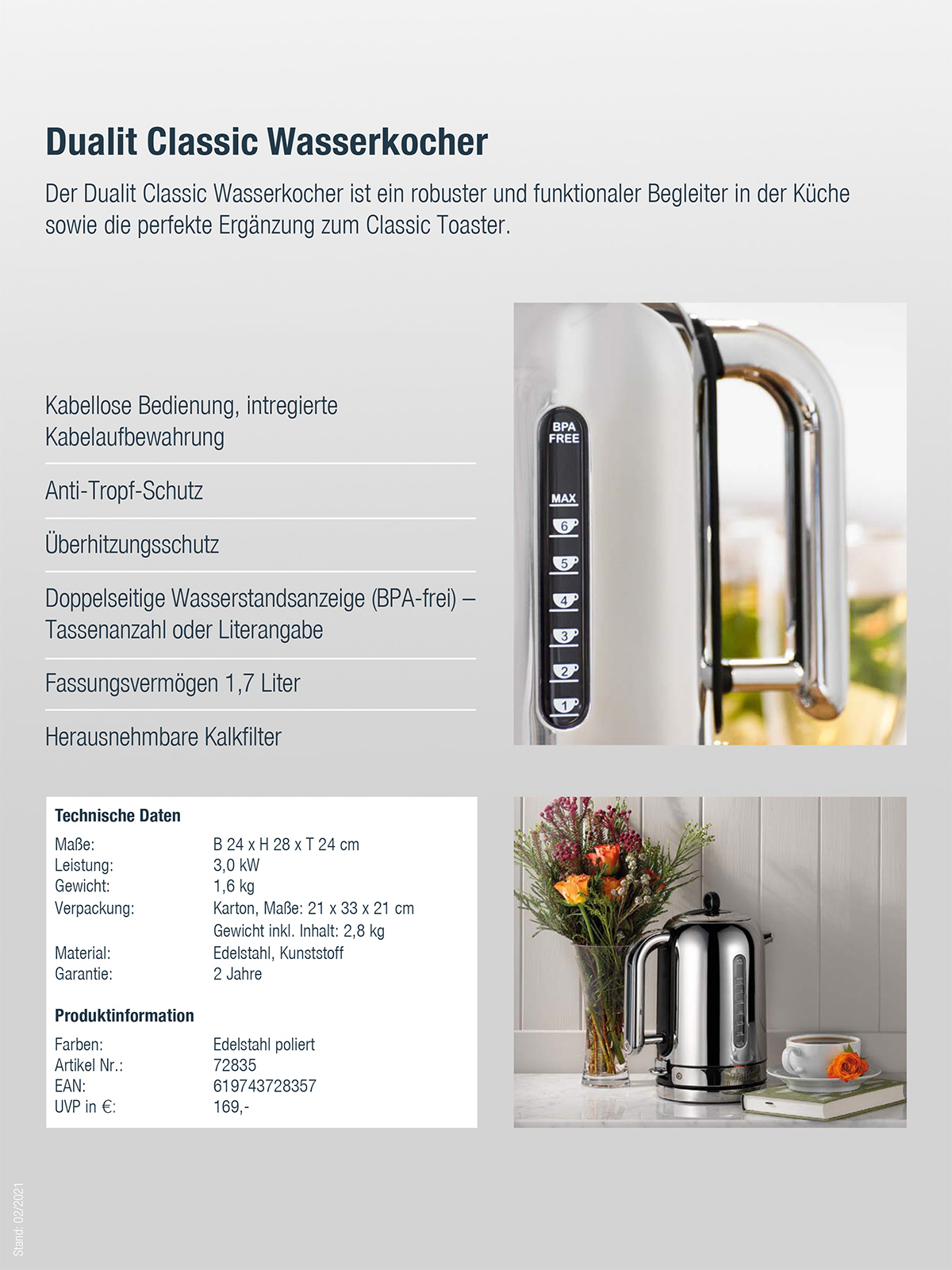 Dualit Classic Wasserkocher 1,70 ltr. Edelstahl/schwarz