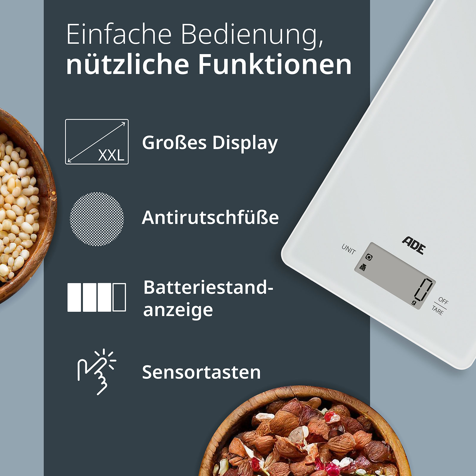 Nützliche Funktionen: Großes Display, Antirutschfüße, Batteriestandanzeige, Sensortasten.