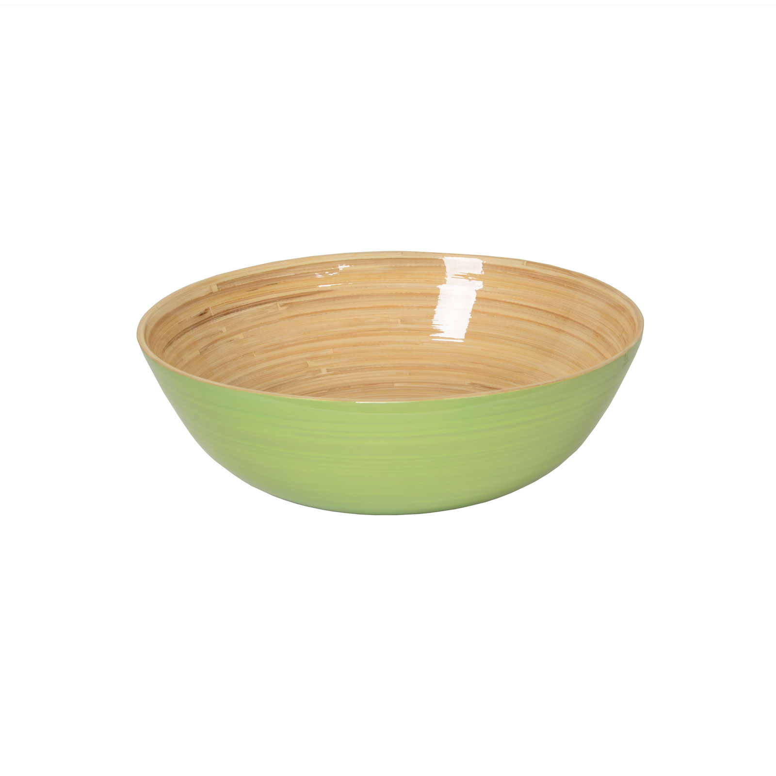 Die glänzend lackierte Bambus-Schüssel flach 30cm lindgrün ist außen pastellgrün und zeigt innen das schöne Holz.