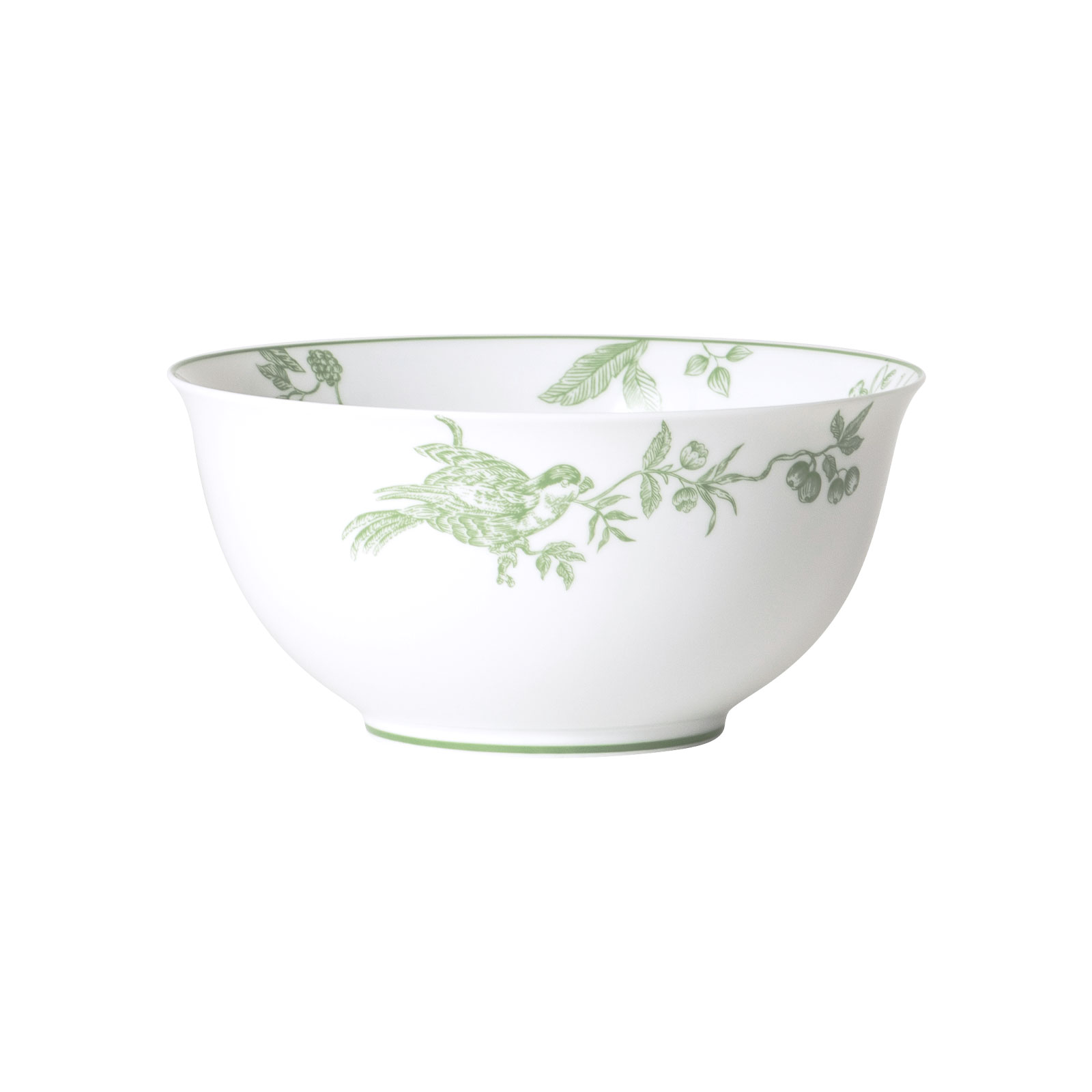 Die Albertine Schale 17cm von Bernardaud ist eine hohe weiße Porzellanschale mit grünem Toile-de-Juoy Muster.