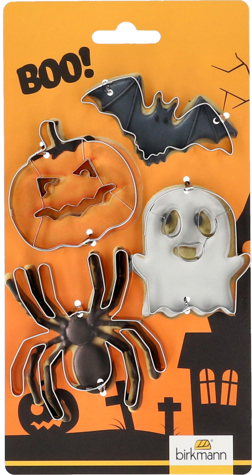 RBV Birkmann Halloween-Ausstechformen-Set mit Kürbis, Geist, Spinne und Fledermaus auf oranger CB-Karte mit "BOO!" Aufdruck.