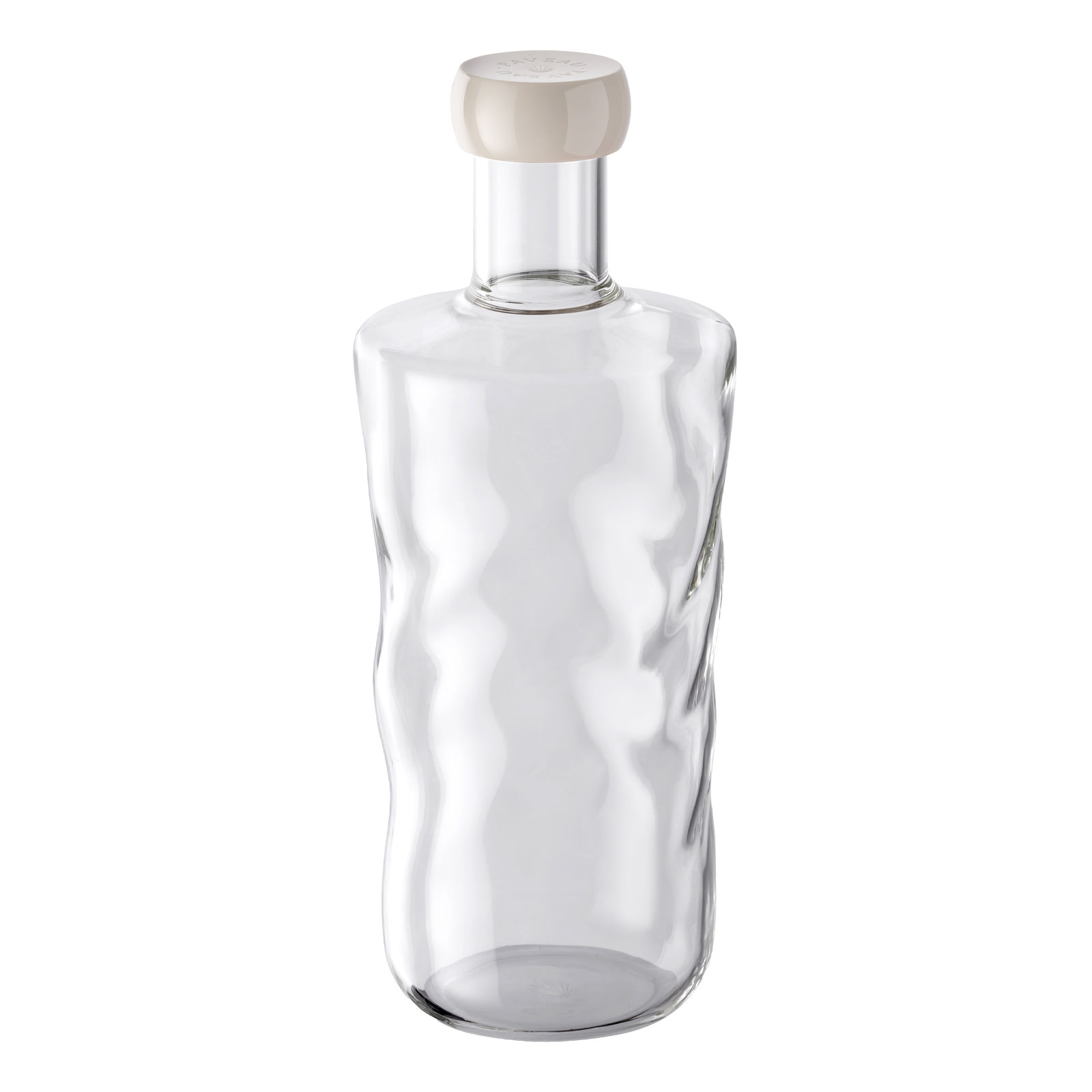 Die Swirl Wasserflasche ist eine Glasflasche mit weißem Kunststoffdeckel.