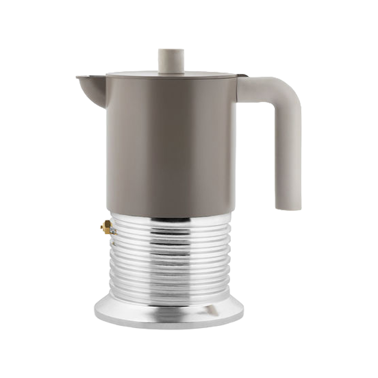 Alessi VITE Espressokocher für 6 Tassen in grau von Philippe Malouin vor weißem Hintergrund.