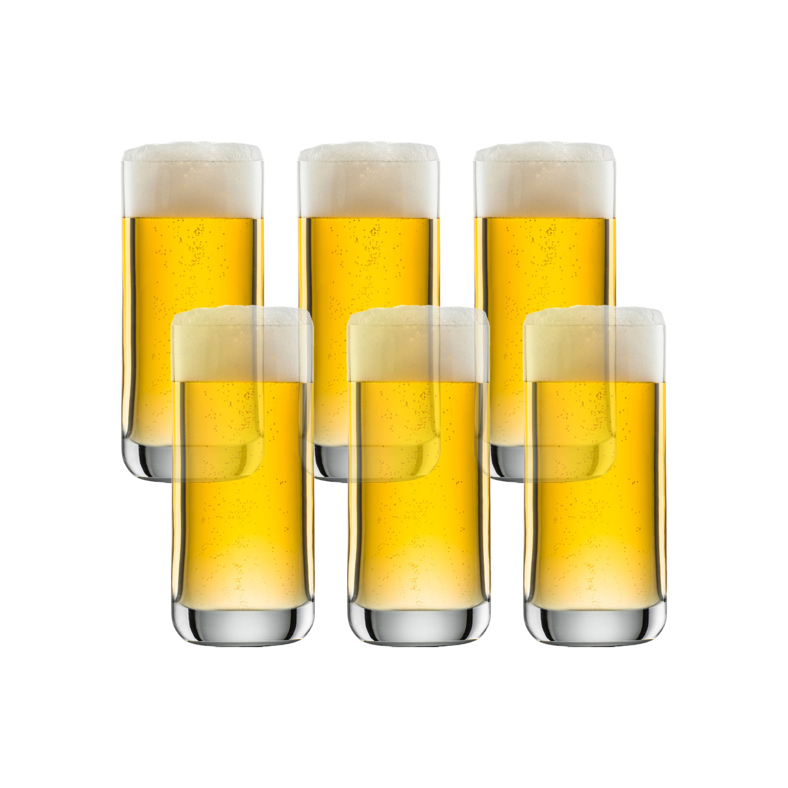 Versetzt stehen sechs Biergläser hinter- und Nebeneinander. Die Simple Bierbecher von Schott Zwieselsind zylindrisch mit leicht abgerundetem Boden.