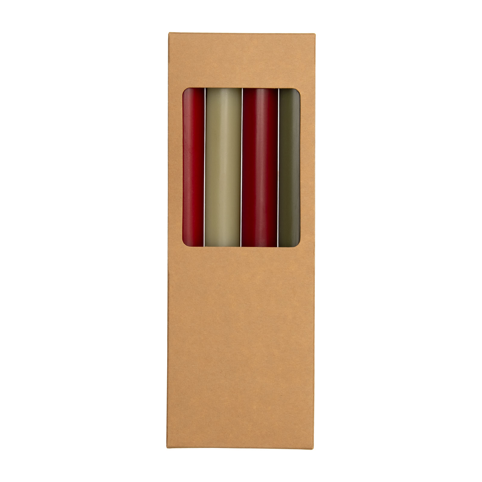 Das Kerzenset kommt in einer braunen Pappverpackung mit einem kleinen Sichtfenster, das die Farben der Kerzen zeigt.