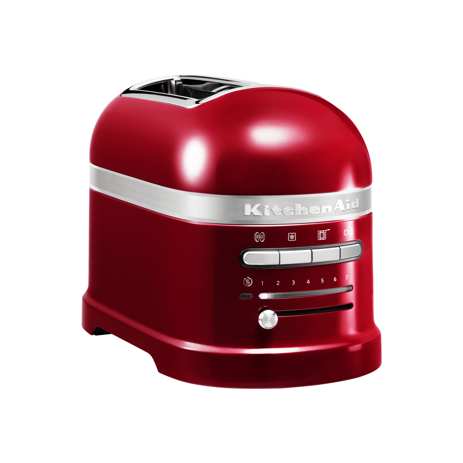 Der Artisan Toaster in liebesapfelrot von KitchenAid hat ein metallisch-rot glänzendes Gehäuse. Er kann über verschiedene Programmknöpfe und einen Zeitregler bedient werden.