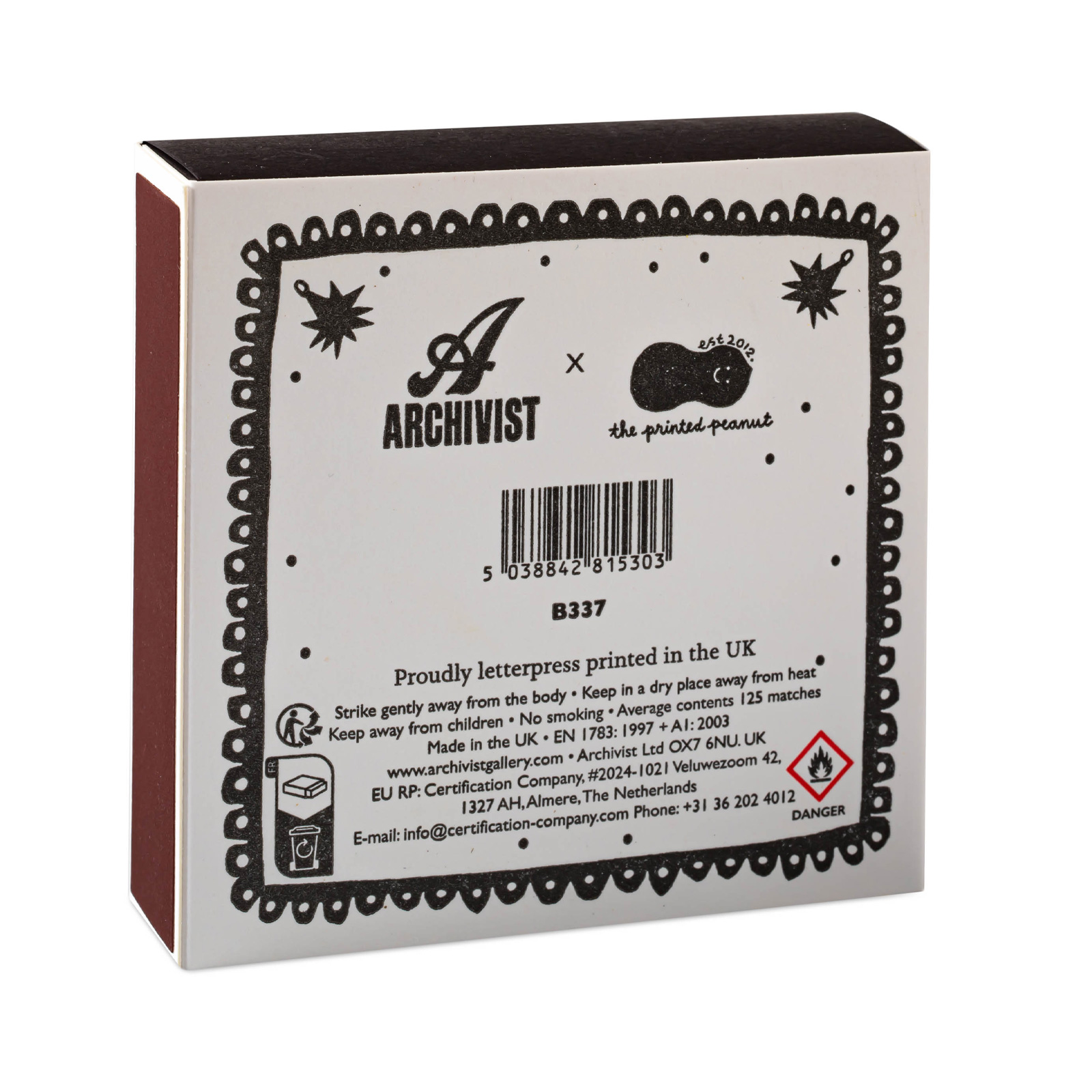 Rückseite der Black Miracles Schachtel mit Logo von Archivist und The Printed Peanut sowie Produktionsangaben.
