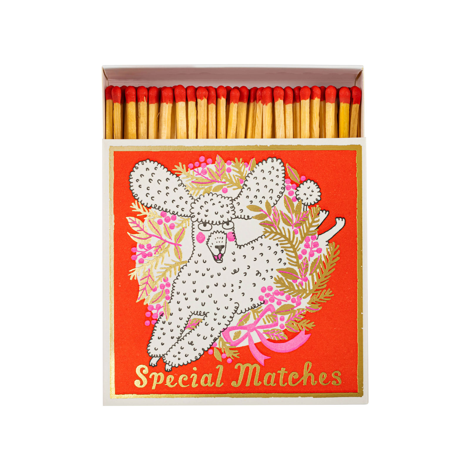 Die geöffnete Schachtel der Streichhölzer Christmas Poodle von Archivist zeigt ein weihnachtliches Pudelmotiv und rote Streichholzköpfe.