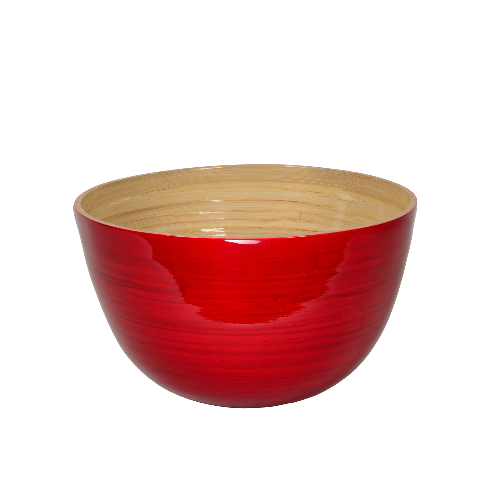 Die glänzend lackierte Bambus-Schüssel 30cm rot ist außen rot und zeigt innen das schöne Holz.