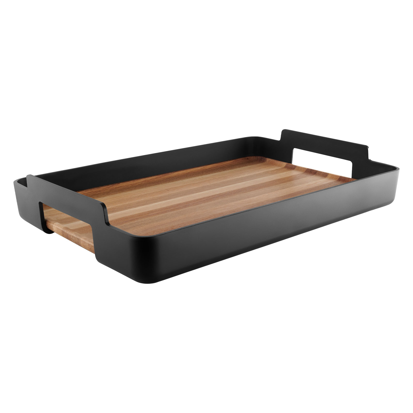 Das Nordic kitchen Serviertablett eckig  besteht aus einem mattschwarzen Kunststoffrahmen mit Rand und einer Bodenplatte aus Bambus.