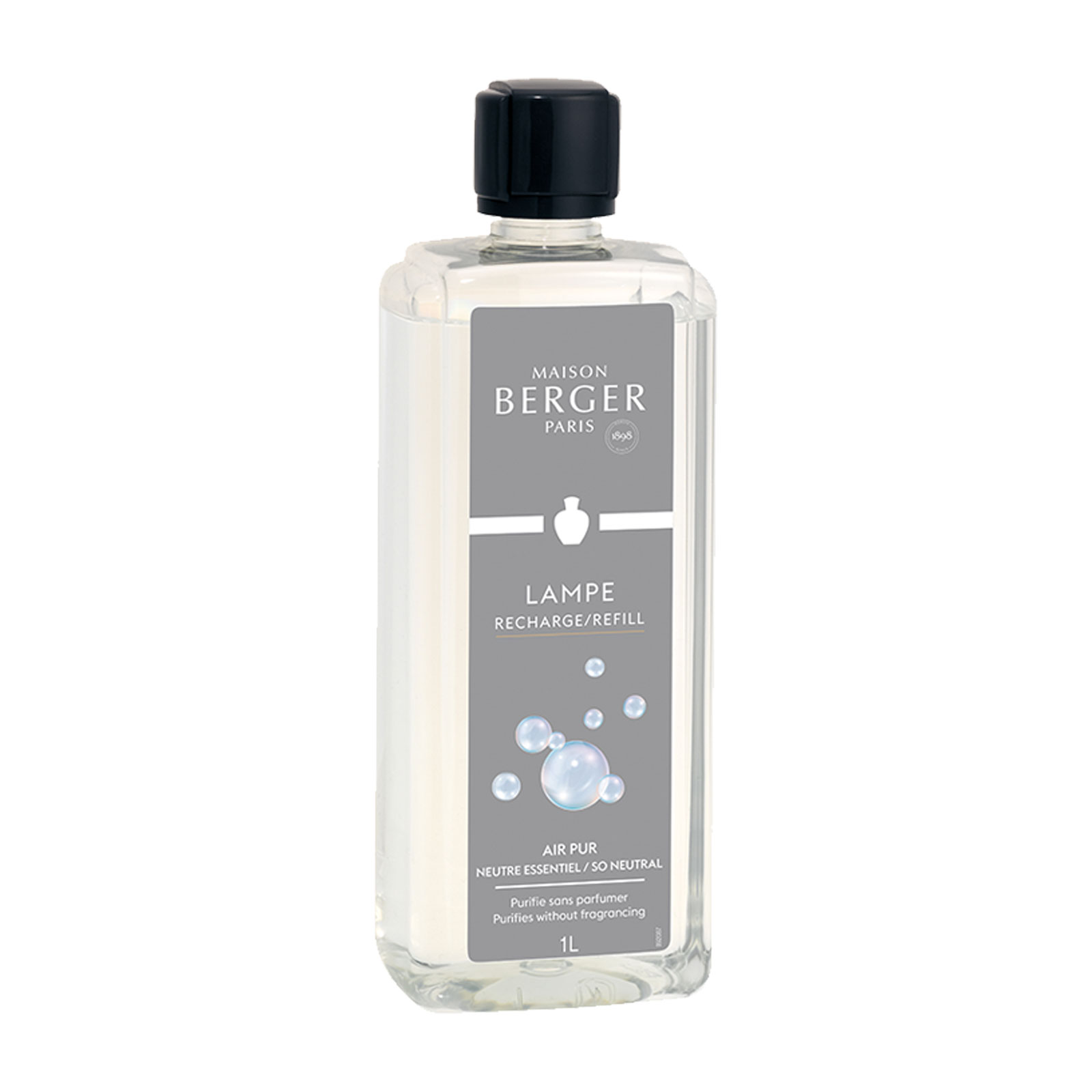Das Parfum Air Pur für die Maison Berger Duftlampe befindet sich in einer klaren Plastikflasche mit einem dunklen Schraubdeckel.