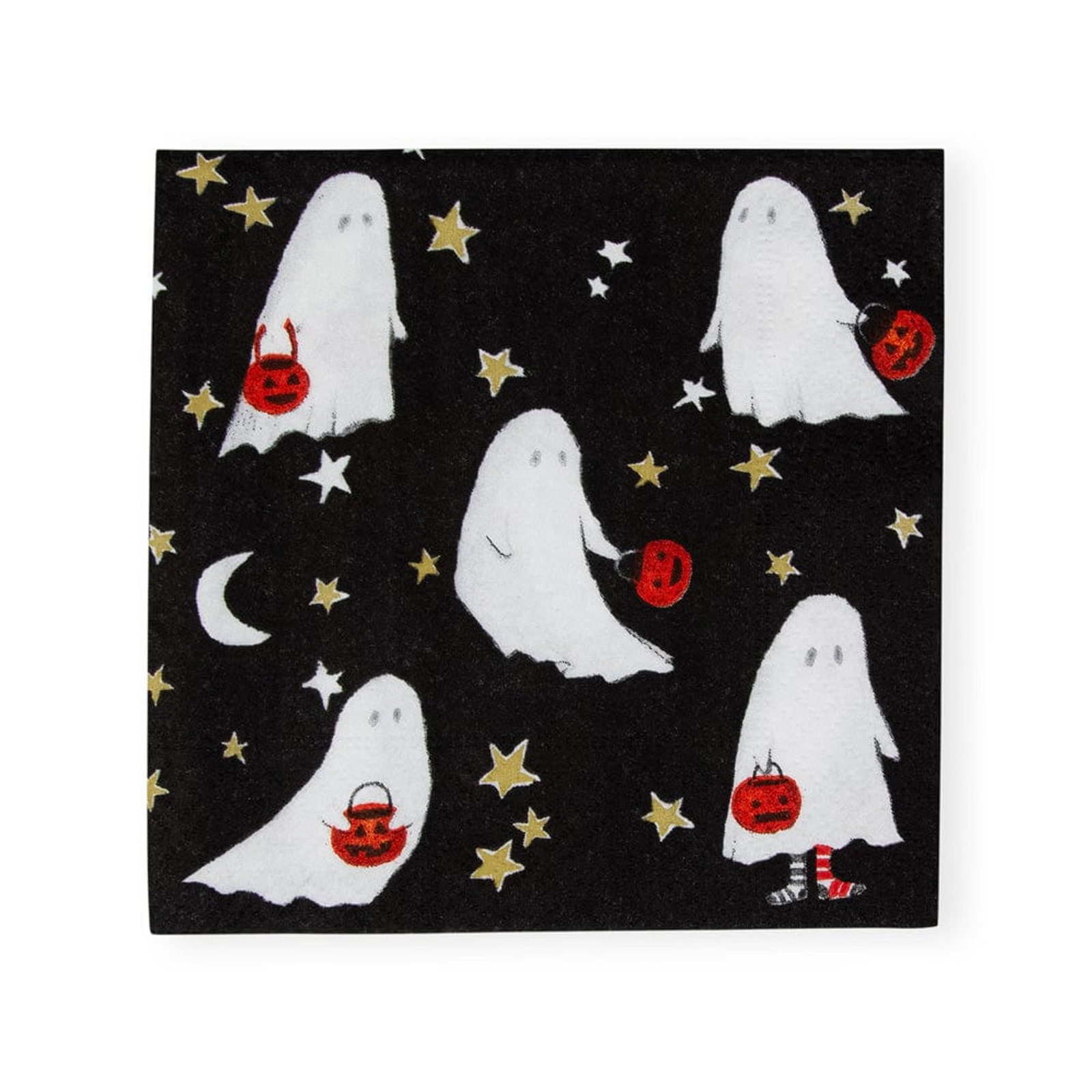Caspari Serviette Ghouls Night Out mit weißen Geistern, goldenen Sternen und Kürbiseimern auf schwarzem Hintergrund – 33x33 cm, 20 Stück
