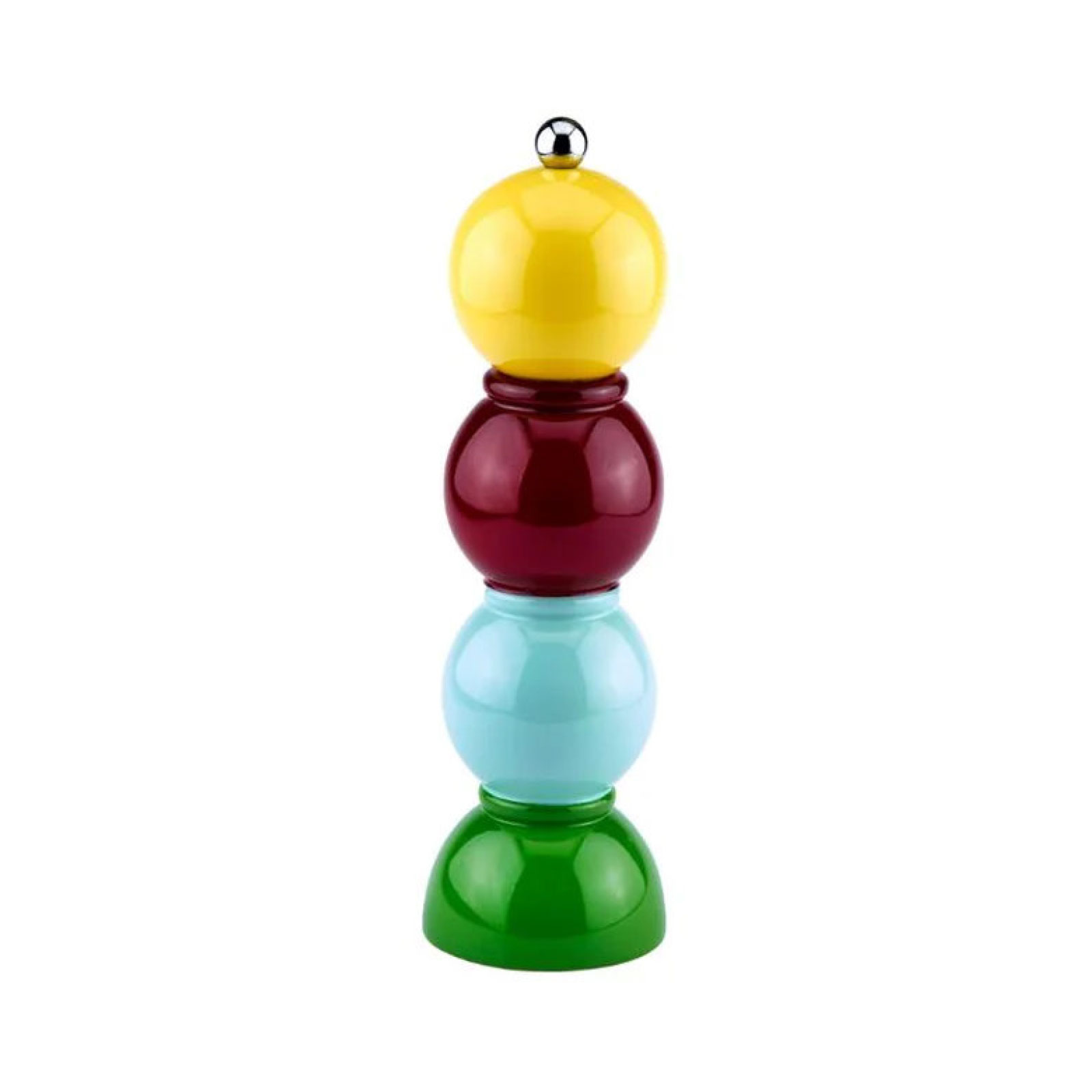 Die Bobbin Salz- und Pfeffermühle 24cm multi gelb von Addison Ross ist geformt aus drei Kugeln und auf einem halbkugelförmigen Fuß. Diese bestehen aus lackiertem Holz. Obendrauf befindet sich ein kugelförmiger Edelstahlknopf.