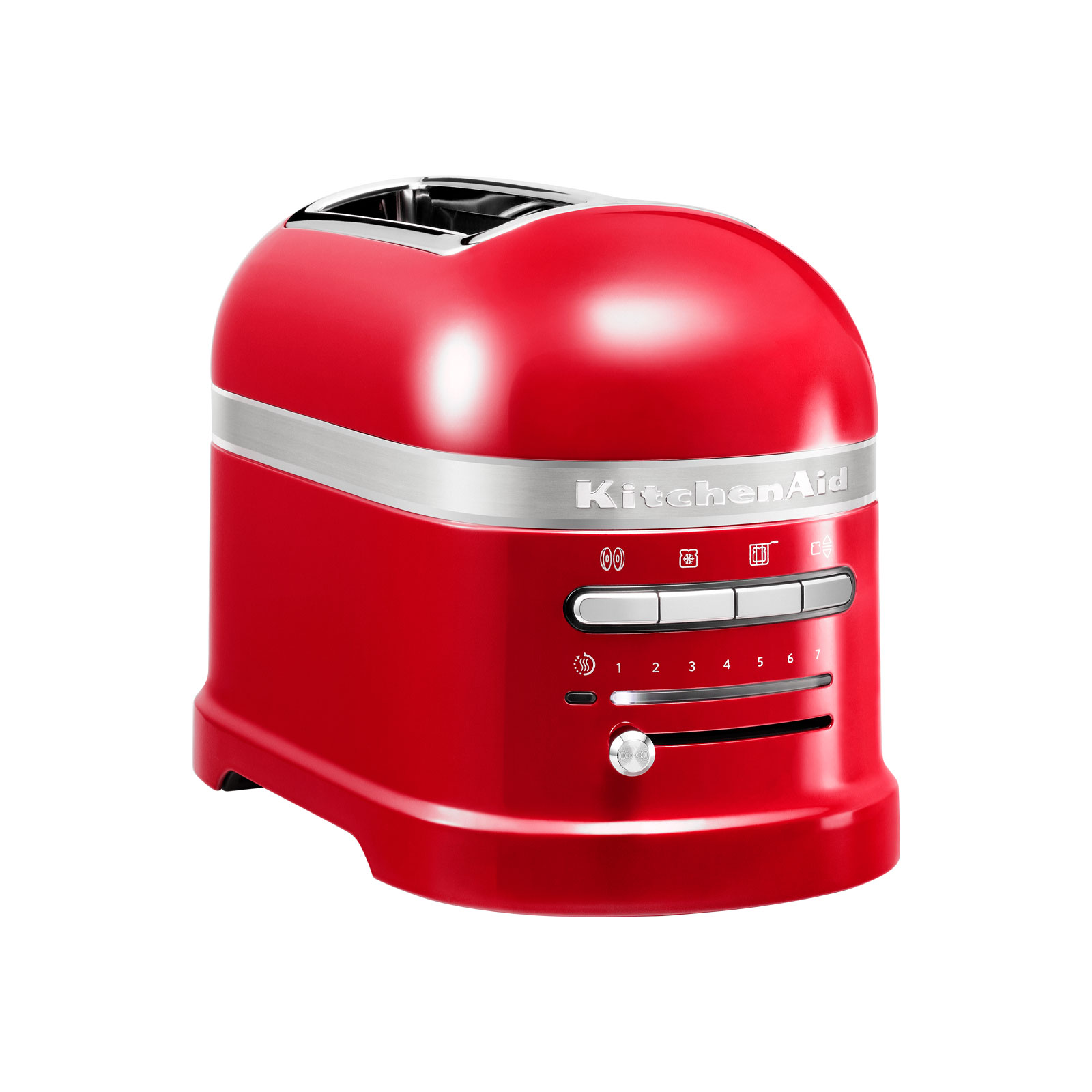Der Artisan Toaster in empire rot von KitchenAid hat ein feuerwehrrotes Metallgehäuse. Er kann über verschiedene Programmknöpfe und einen Zeitregler bedient werden.