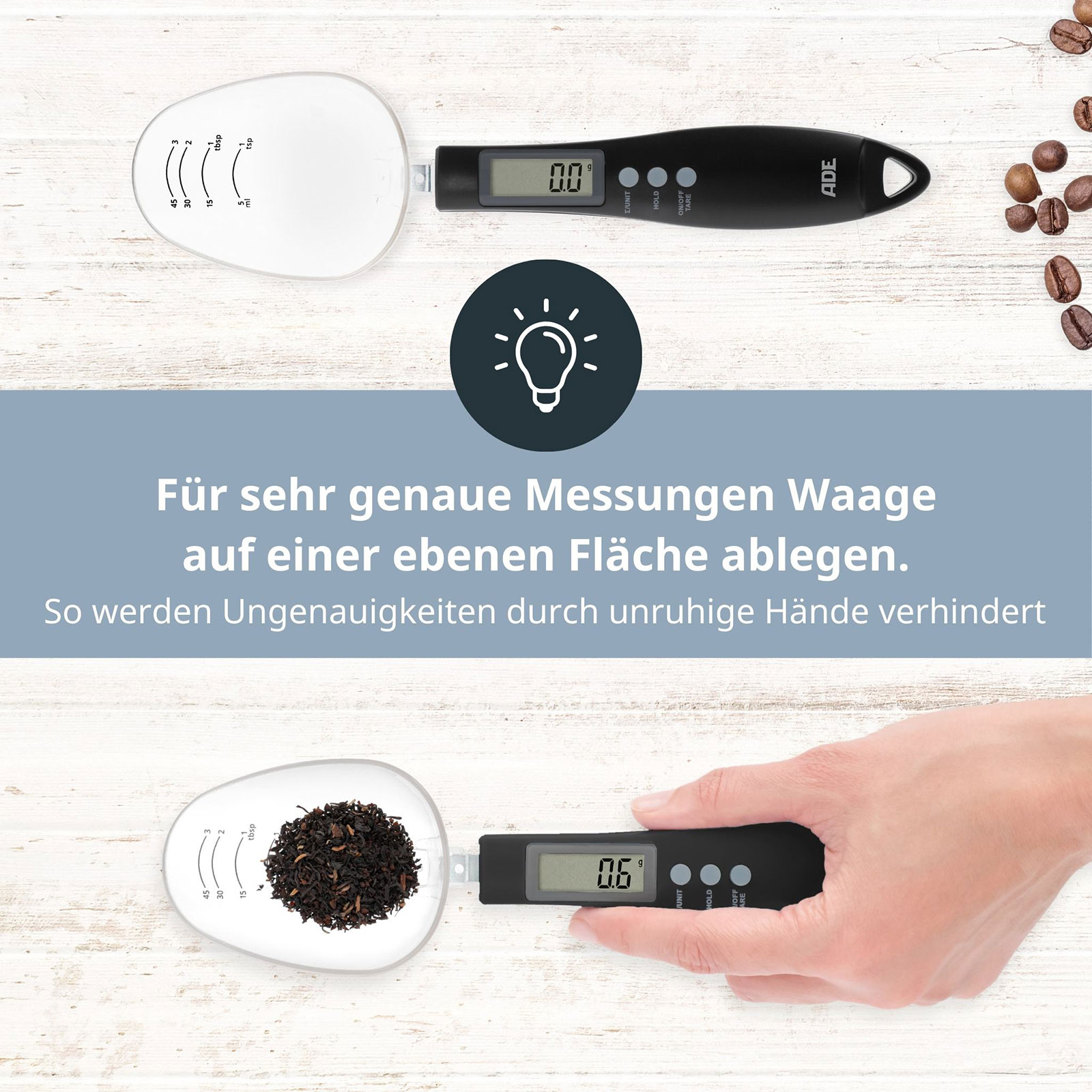 Anwendungsbeispiel: Man sieht von oben, wie in der Laffe der Waage etwas liegt und das Display im Griff das Gewicht angezeigt wird.
