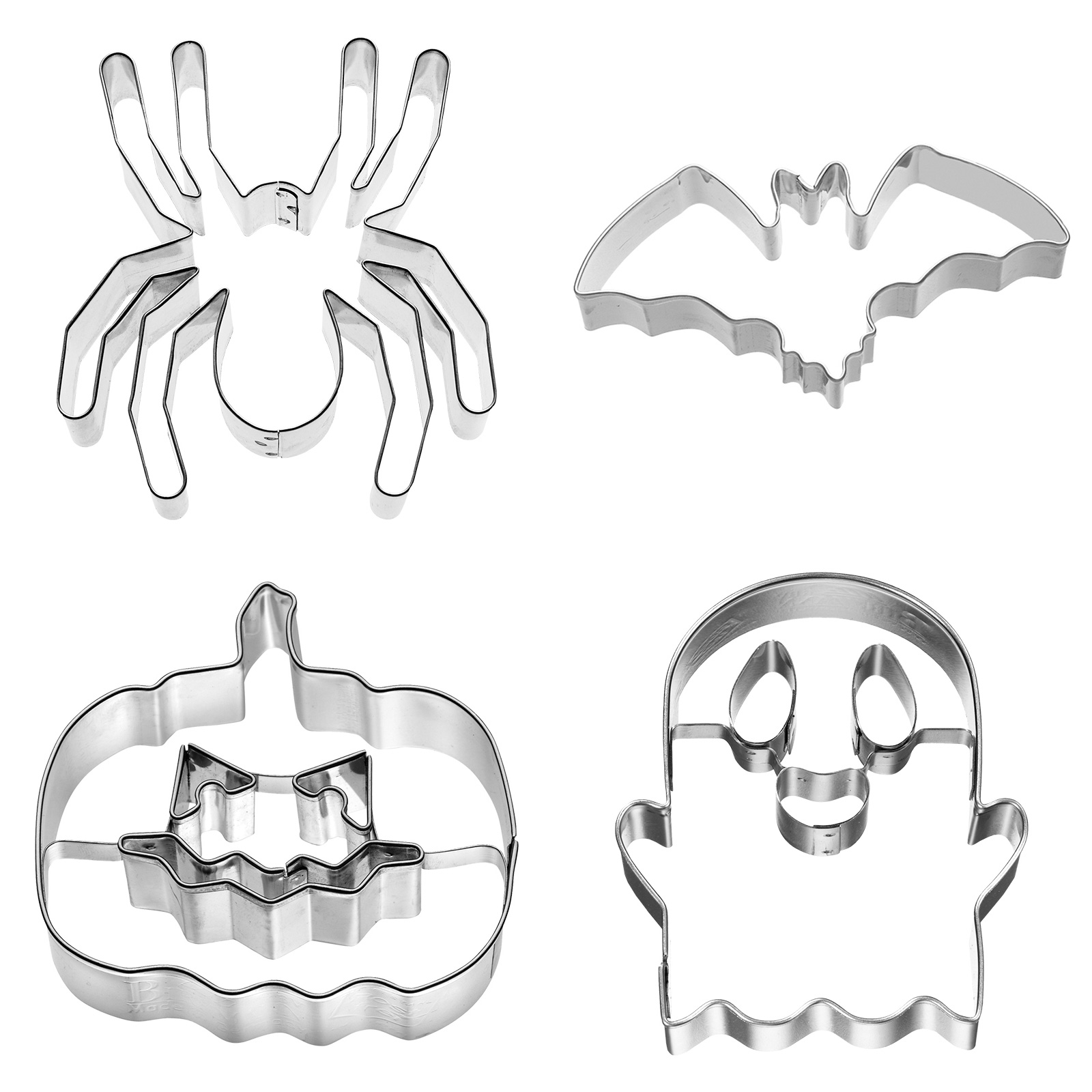 RBV Birkmann Halloween-Ausstechformen-Set aus Edelstahl mit Kürbis, Geist, Spinne und Fledermaus.