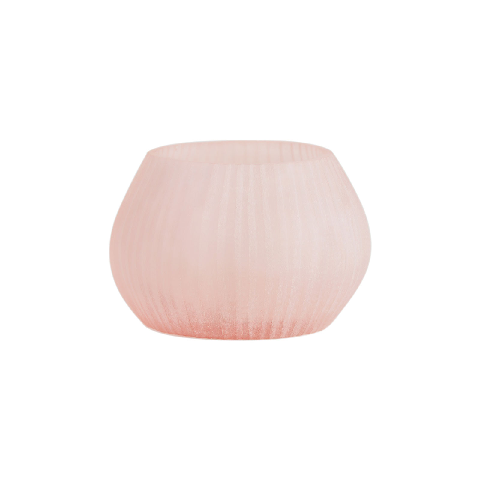 Die Nagaa Vase/Teelicht rosé von Guaxs besteht aus rosafarbenem Glas. Auf der handgeschliffenen Oberfläche befinden sich vertikale Rippen.
