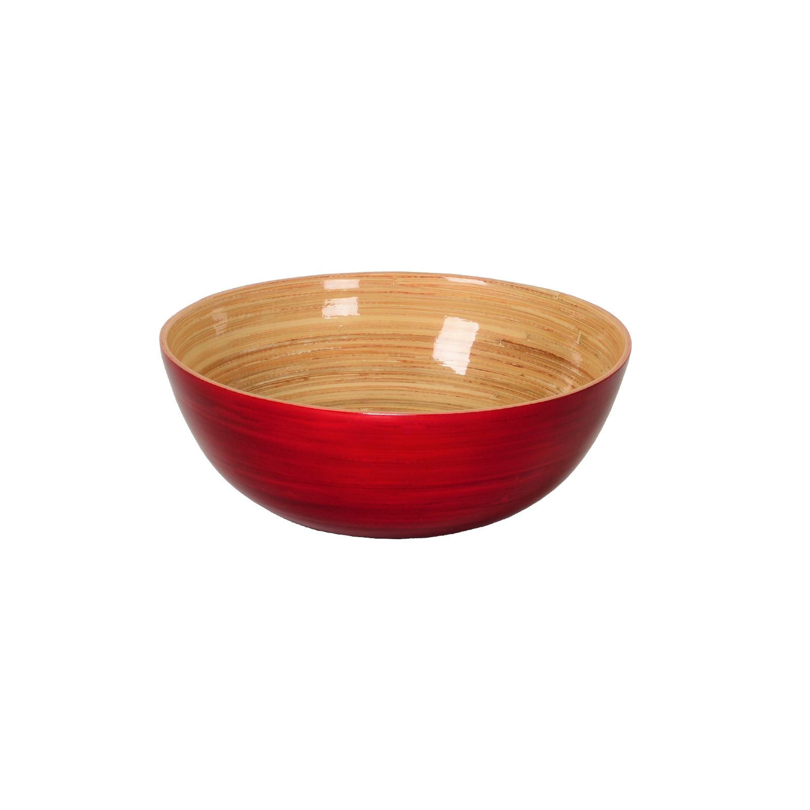 Die glänzend lackierte Bambus-Schüssel flach 18cm rot ist außen rot und zeigt innen das schöne Holz.