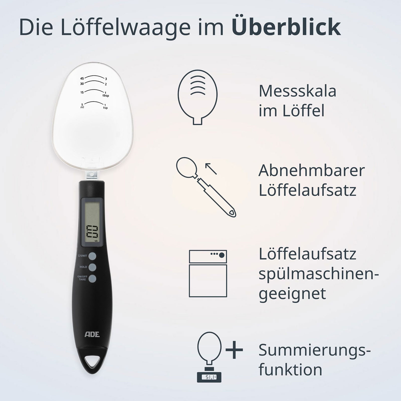 Vorteil: Messskala im Löffel, Löffelaufsatz herausnehmbar und spülmaschinengeeignet, Summierungsfunktion.