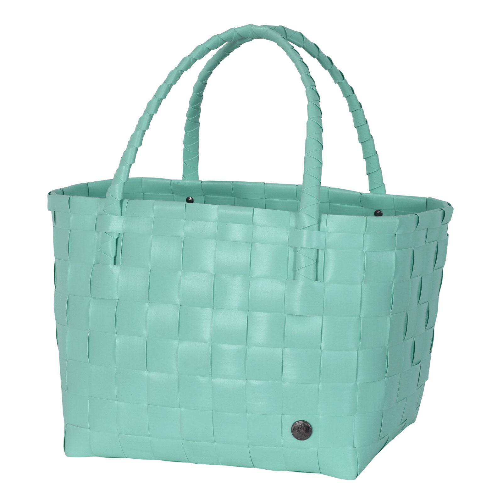 Der Paris Shopper soft aqua green ist gewebt aus türkisen Kunststoffsträngen und hat zwei Henkel zum Tragen.