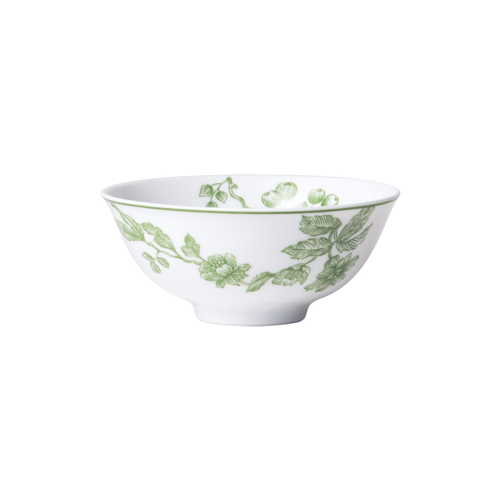 Die Albertine Schale 12cm von Bernardaud ist eine weiße Porzellanschale mit grünem Toile-de-Juoy Muster.