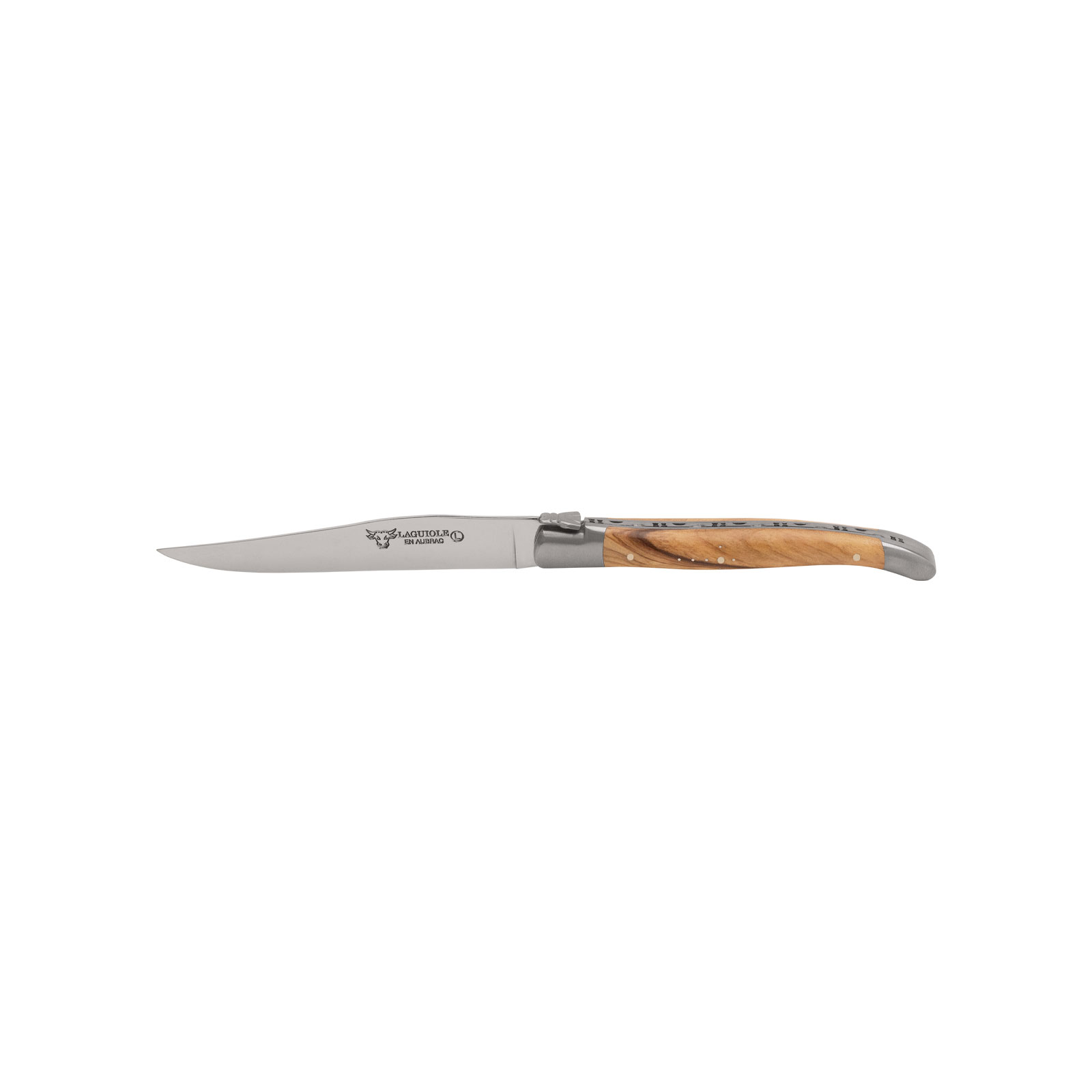Das Steakmesser Olivenholz von Laguiole en Aubrac besteht aus glänzendem Edelstahl und hat Griffschalen aus hübsch gemasertem Olivenholz.