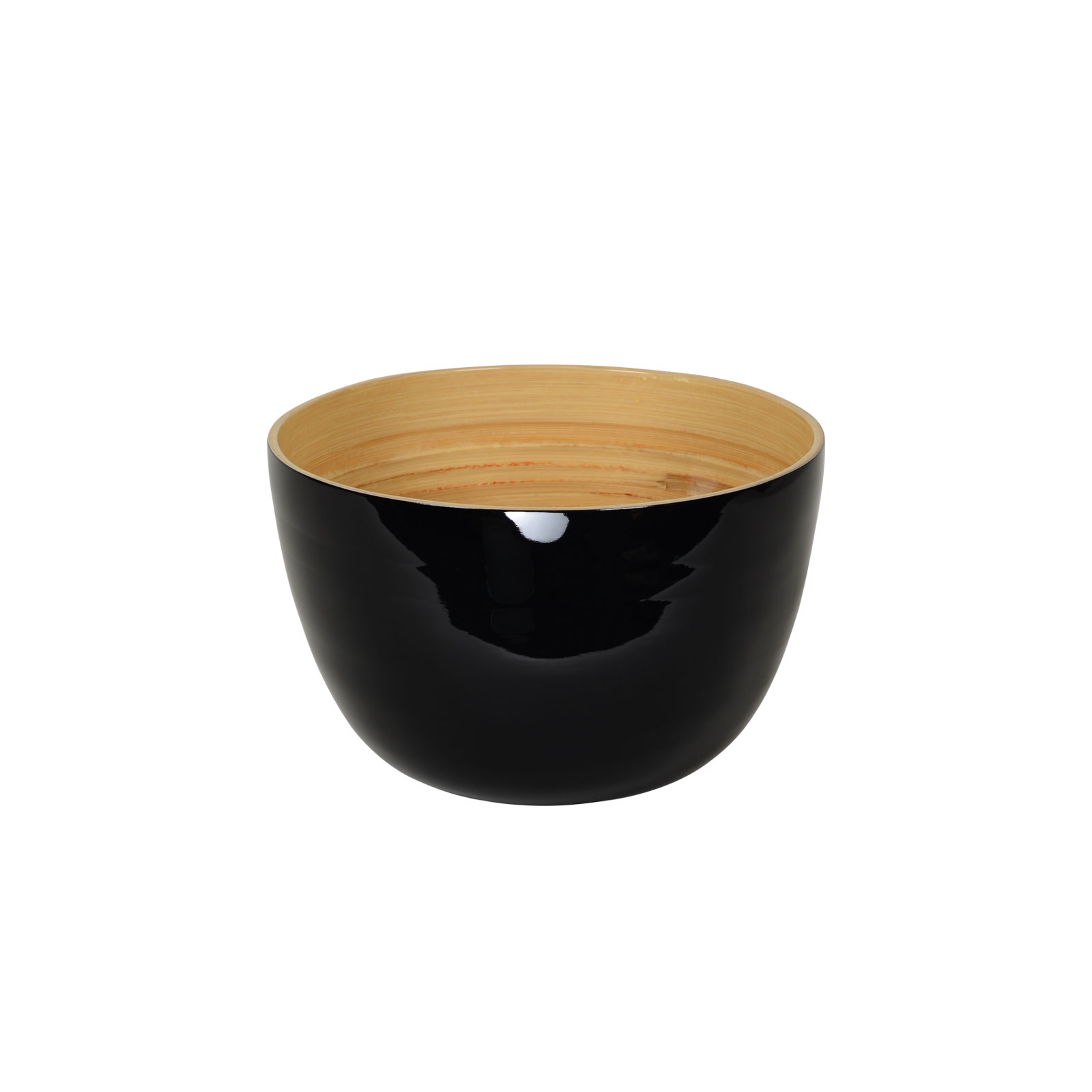 Die glänzend lackierte Bambus-Schüssel 22cm schwarz ist außen schwarz und zeigt innen das schöne Holz.