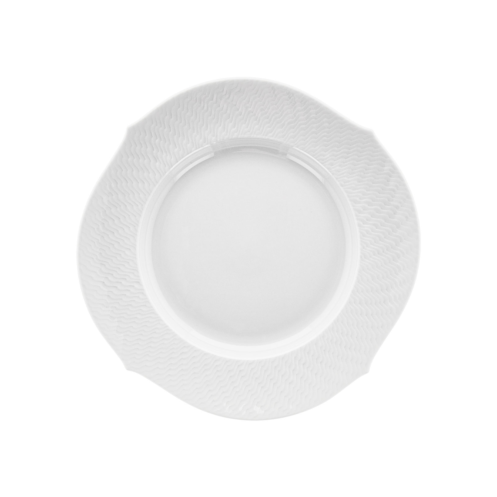 Der Wellenspiel Relief Frühstücksteller von Meissen hat eine strukturierte Fahne und einen wellenartig geschwungenen Rand.