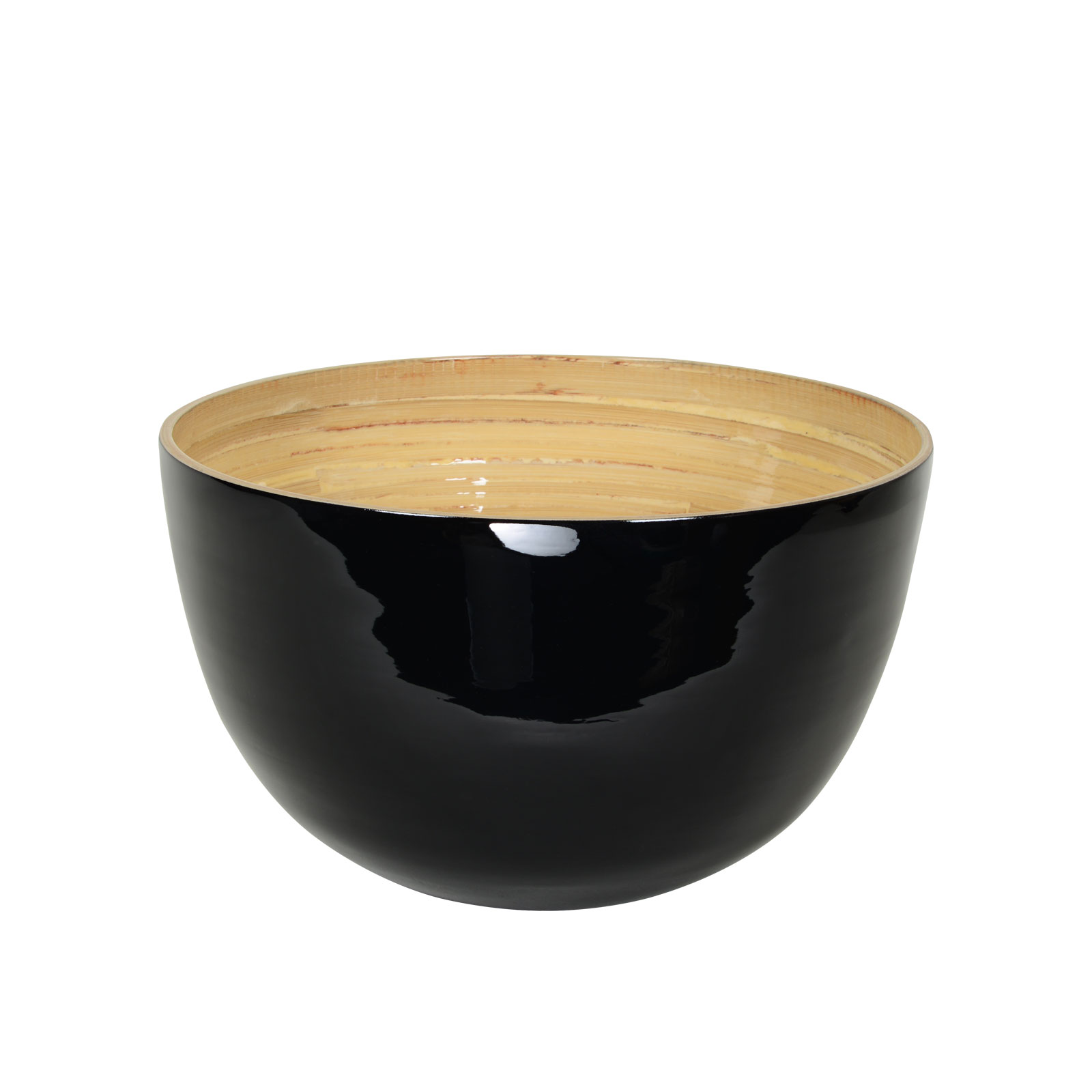 Die glänzend lackierte Bambus-Schüssel 30cm schwarz ist außen schwarz und zeigt innen das schöne Holz.