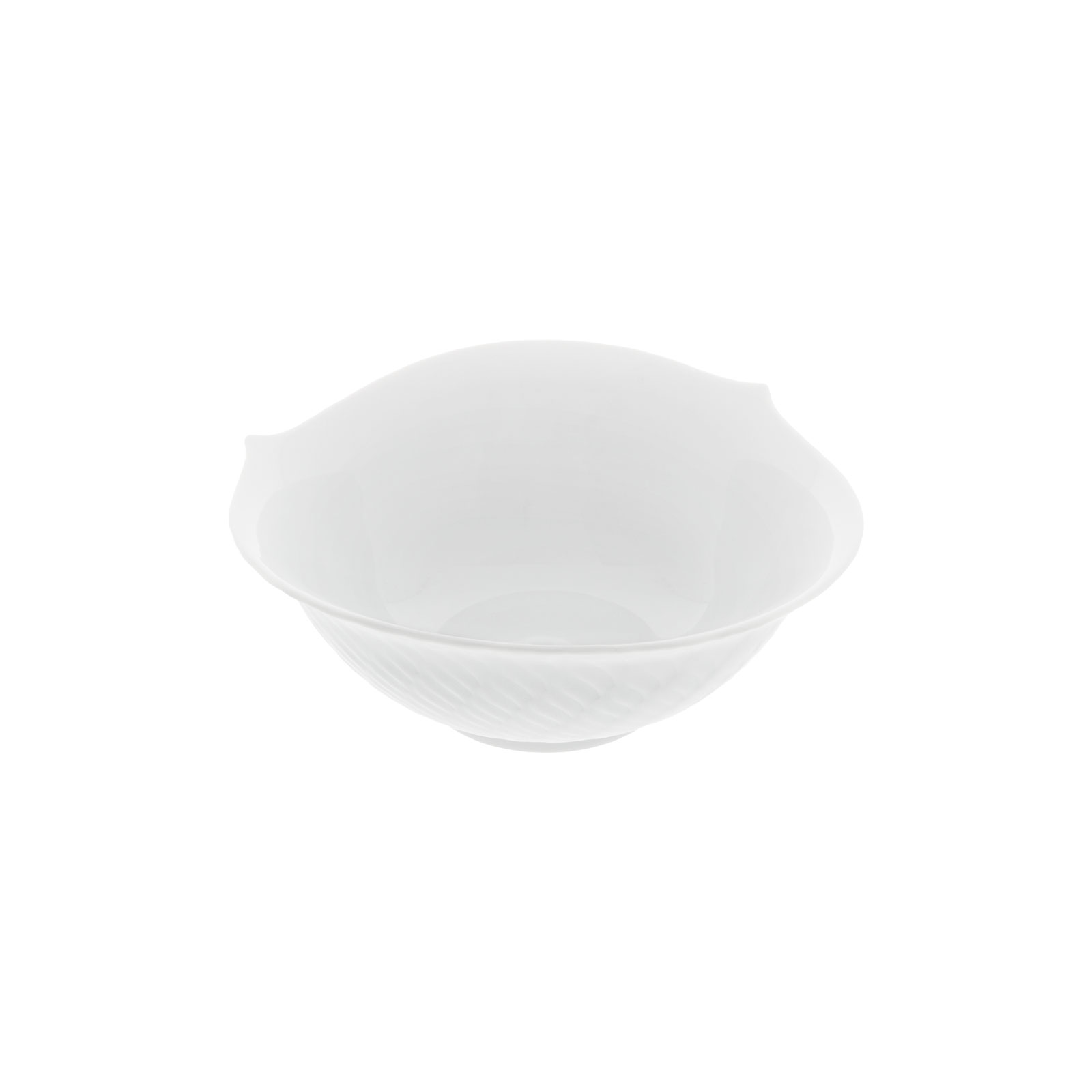 Die Wellenspiel Relief Dessertschale von Meissen besteht aus weißem Porzellan. Sie hat ein strukturiertes Äußeres und einen wellenartig geschwungenen oberen Rand.