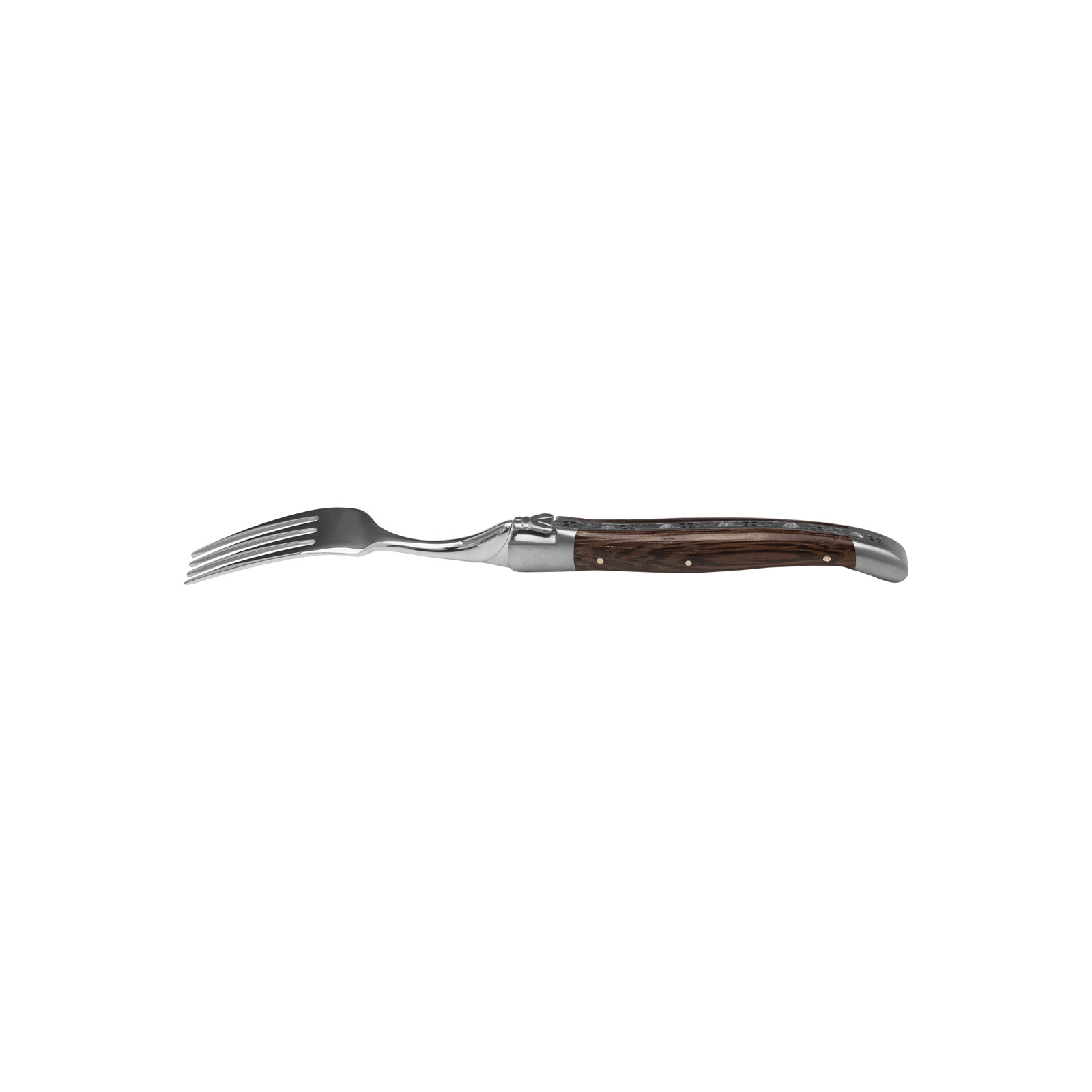 Die Steakgabel Wenge von Laguiole en Aubrac besteht aus glänzendem Edelstahl und hat Griffschalen aus dunkelbraunem Holz.
