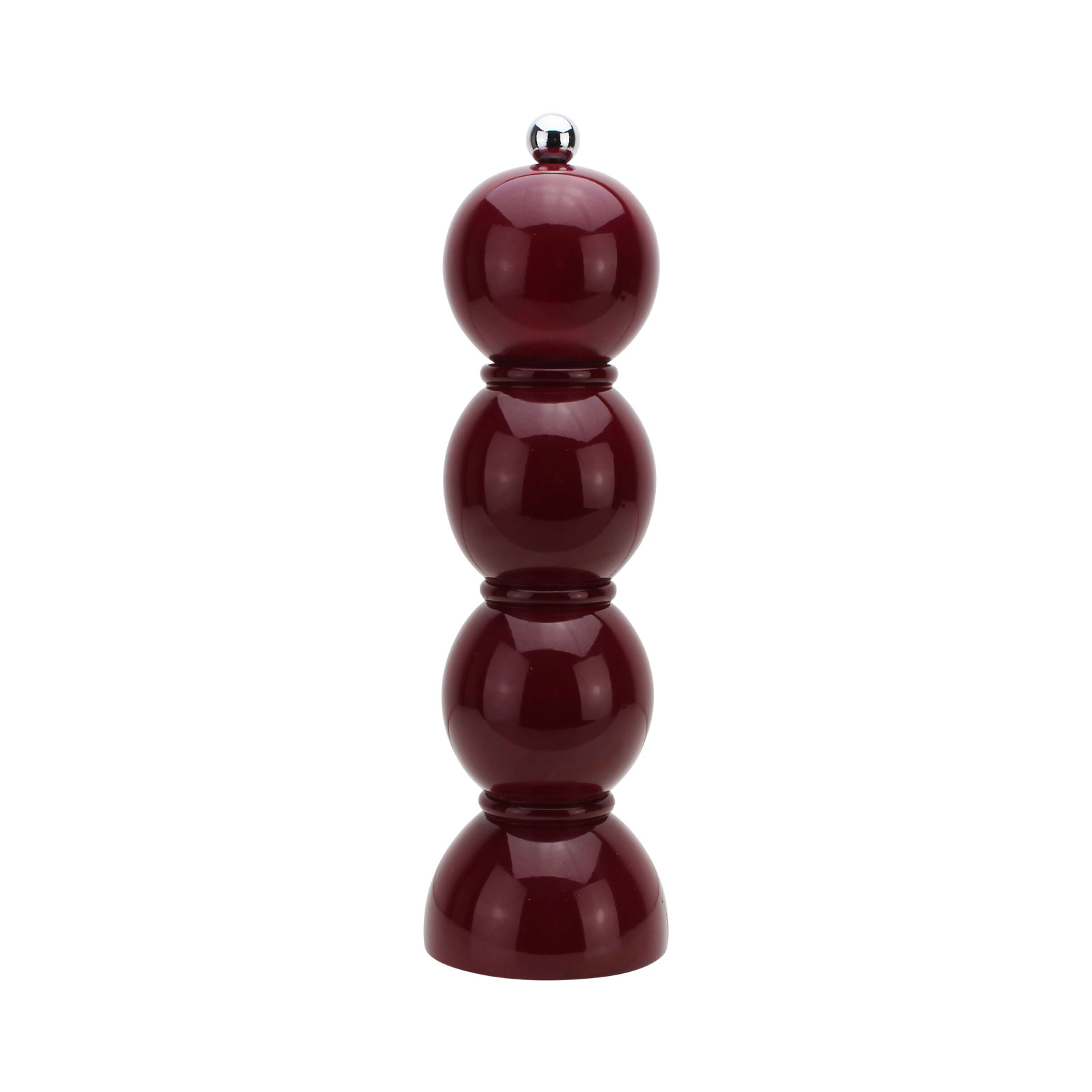 Die Bobbin Salz- und Pfeffermühle 24cm kirsche von Addison Ross ist geformt aus drei Kugeln und auf einem halbkugelförmigen Fuß. Diese bestehen aus lackiertem Holz. Obendrauf befindet sich ein kugelförmiger Edelstahlknopf.