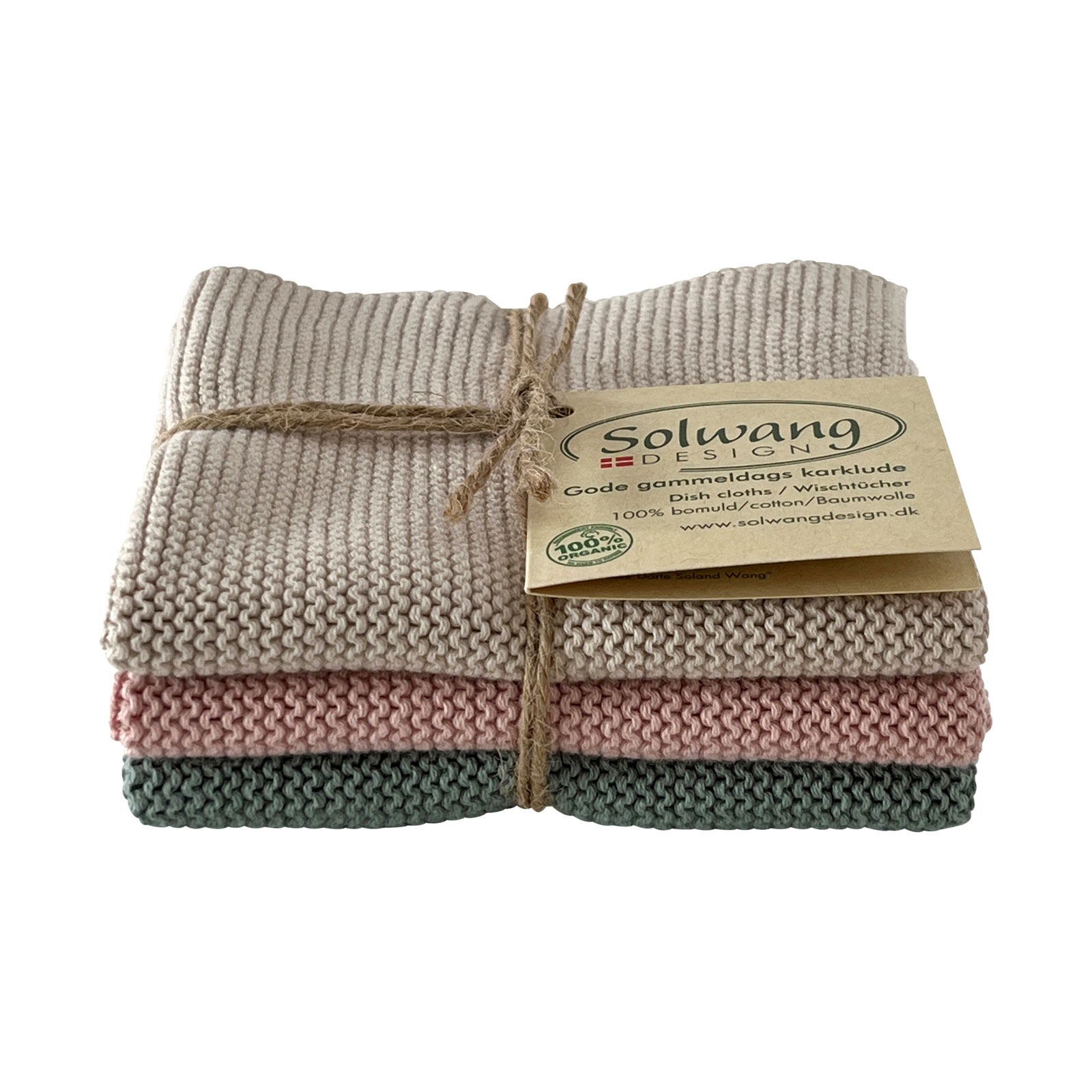 Die Solwang Wischtücher in der Kombi zartes pastell sind drei gestrickte Waschlappen. Einer von ihnen ist hellbeige, einer puderrosa und einer salbeigrün.