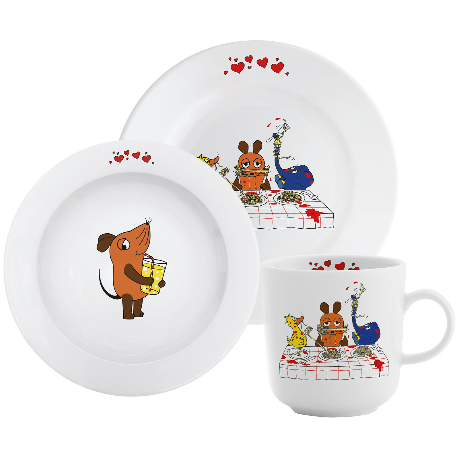 Das Set DieMaus Kindergeschirr Pastaliebe von Kahla setzt sich zusammen aus einem Henkelbecher, einem Teller und einer Schale. Die Teile bestehen aus weißem Porzellan und zeigen Motive der Charaktere aus der Sendung mit der Maus, wie sie Nudeln genießen.