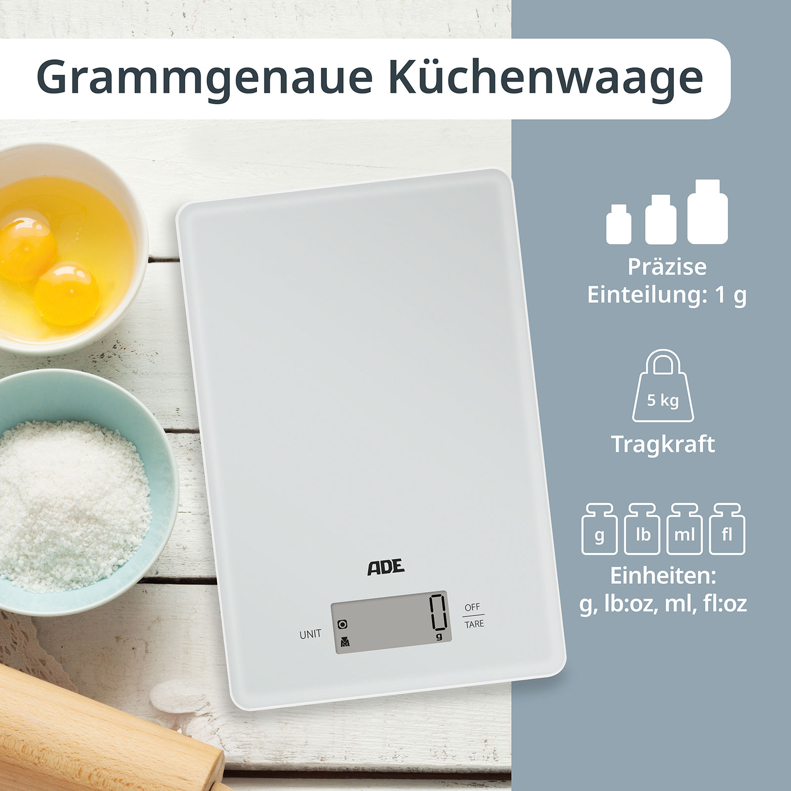 Die Küchenwaage ist grammgenau und hat eine Tragkraft von bis zu 5 kg.