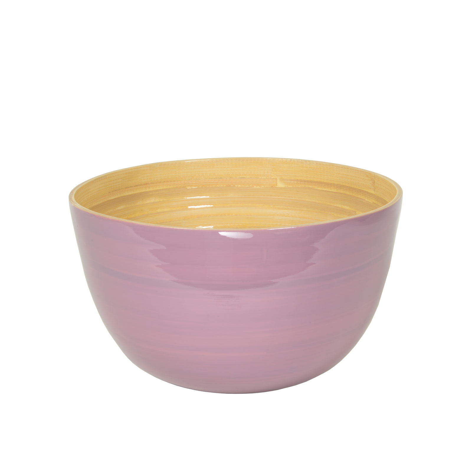 Die glänzend lackierte Bambus-Schüssel 30cm mauve ist außen altrosa und zeigt innen das schöne Holz.
