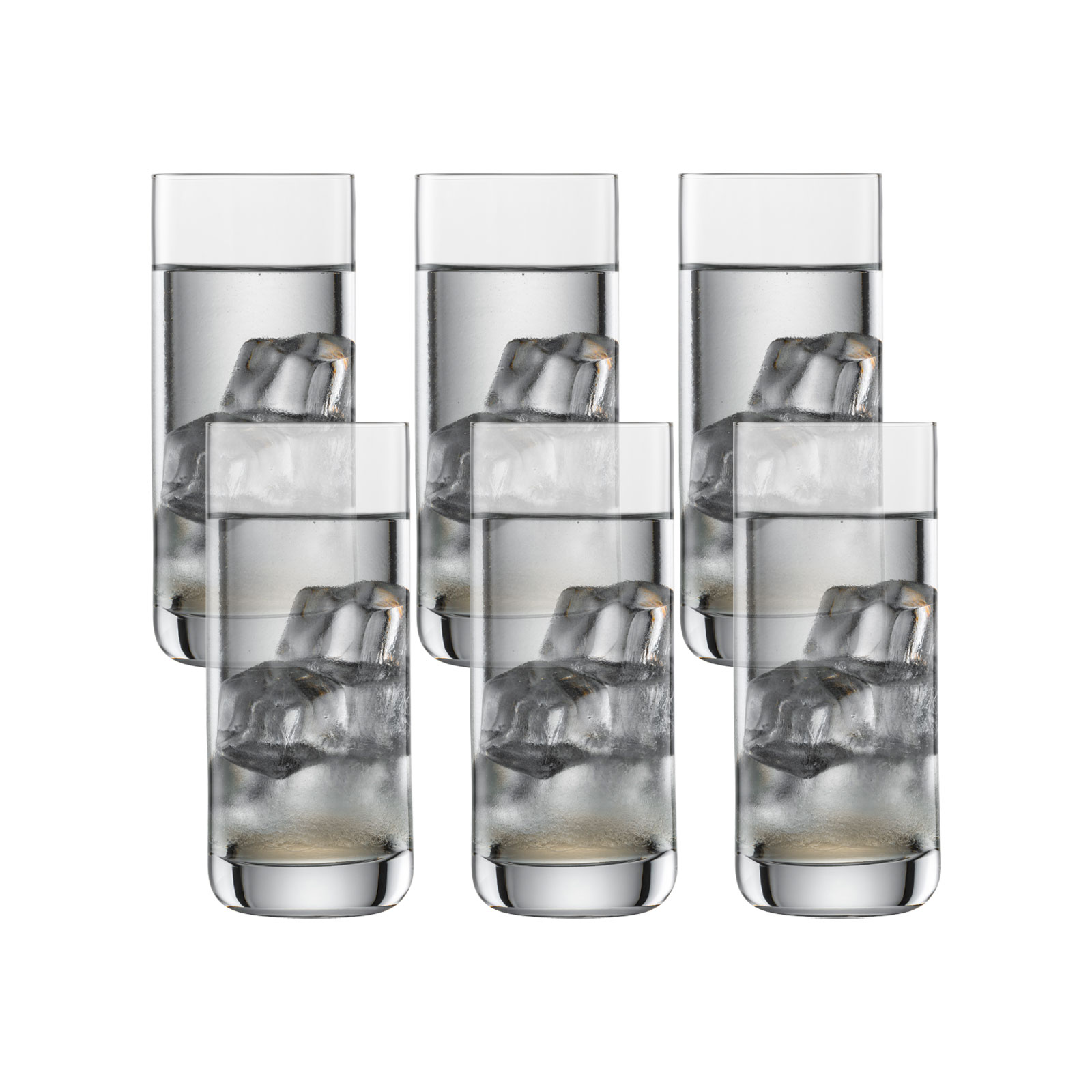 Versetzt neben- und hintereinander stehen sechs Longdrinkgläser der Serie Simple von Schott Zwiesel. Jedes Glas enthält ein klares Getränk und ein paar Eiswürfel.