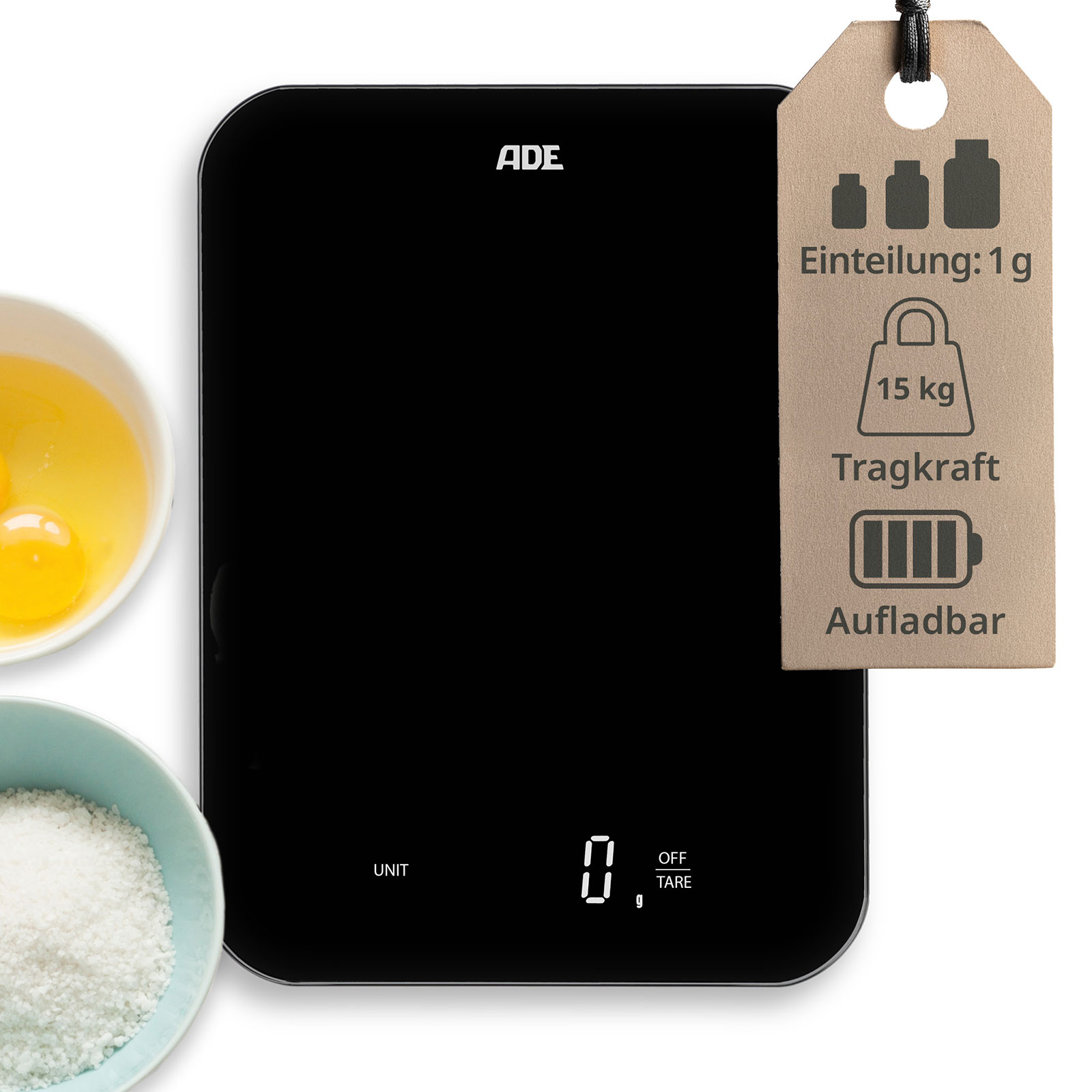 Die Küchenwaage ist grammgenau und hat bis zu 15 kg Tragkraft. Außerdem kann sie wieder aufgeladen werden.