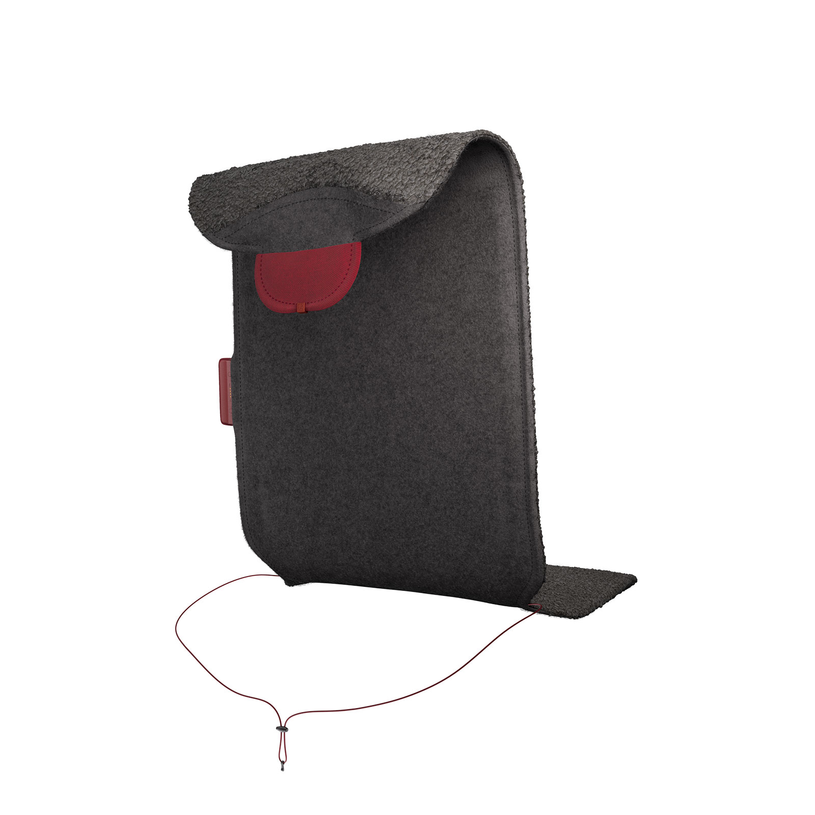 Rückseite der Big Hug Heizdecke Woolly Graphit. Ein rotes Gewicht hält den Teil der Decke, der über die Lehne gelegt wird, an Ort und Stelle.