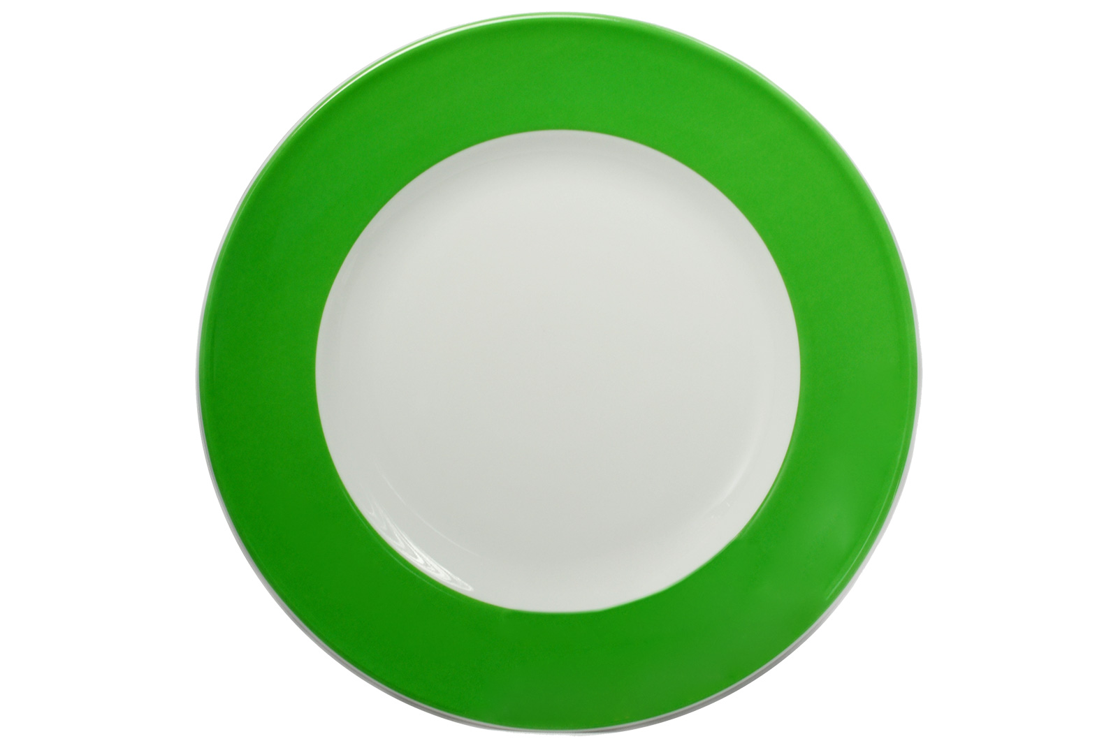 Der Dibbern Solid Color Speiseteller mit einem apfelgrünengrünen Rand vor weißem Hintergrund.