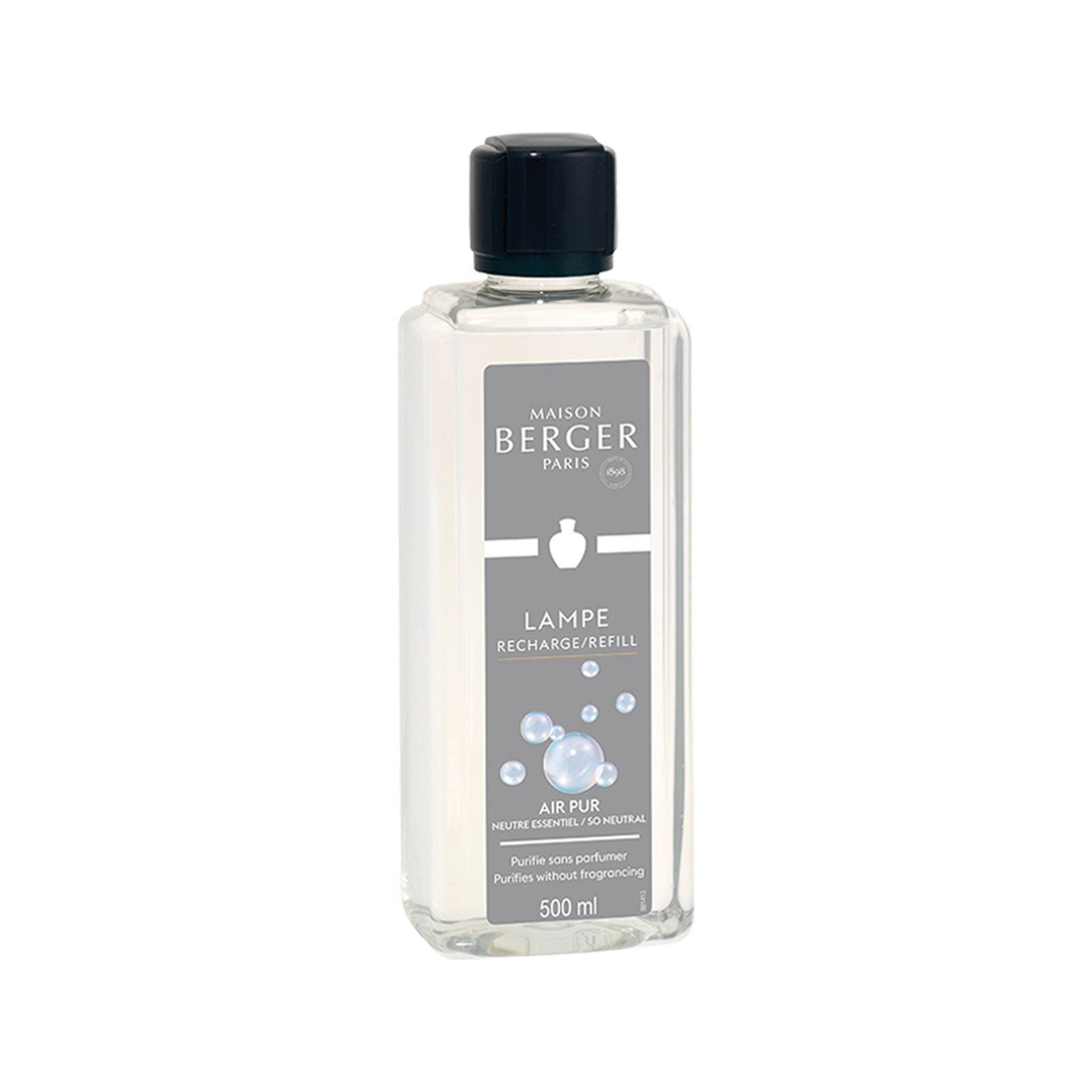 Das Parfum Air Pur für die Maison Berger Duftlampe befindet sich in einer durchsichtigen Plastikflasche mit dunklem Schraubdeckel.