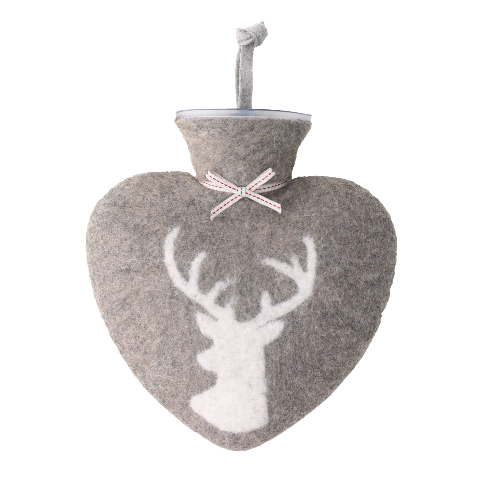 Die Herzwärmflasche Platzhirsch cashmere von Dorothee Lehnen ist eine herzförmige Wärmflasche in einer braunen Wollhülle. In diese ist zur Zierde in weißer Farbe die Silhouette eines Hirsches hineingefilzt.
