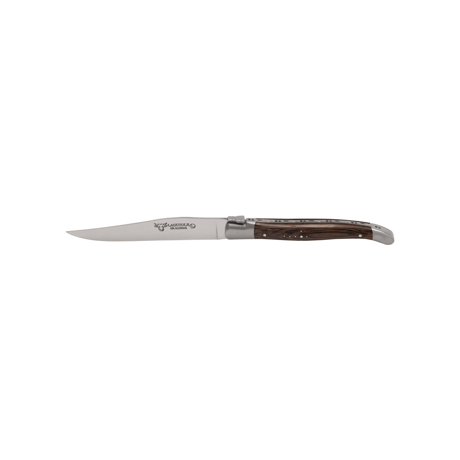 Das Steakmesser Wenge von Laguiole en Aubrac besteht aus glänzendem Edelstahl und hat Griffschalen aus dunkelbraunem Holz.