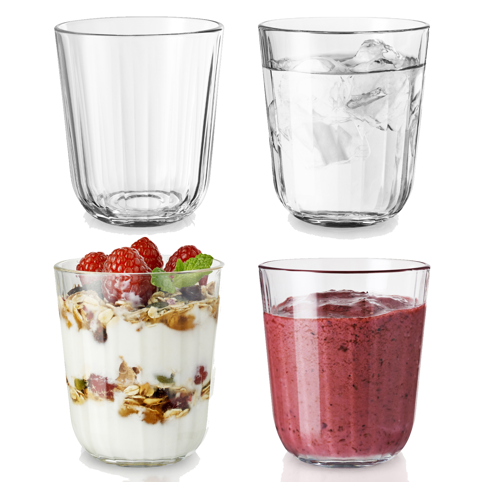 Vier Trinkgläser mit unterschiedlichen Inhalten: leer, Wasser, Müsli und Smoothie.