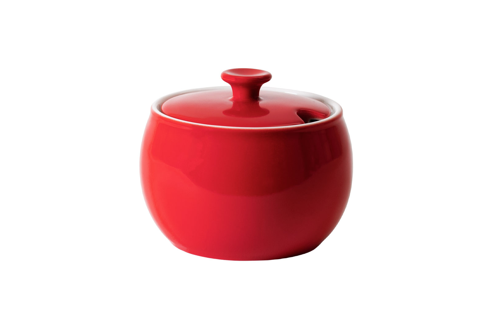 Die Solid Color rot Zuckerdose von Dibbern ist rund und feuerwehrrot. Der Deckel mit dem kleinen Griff hat eine Aussparung für einen Löffel.