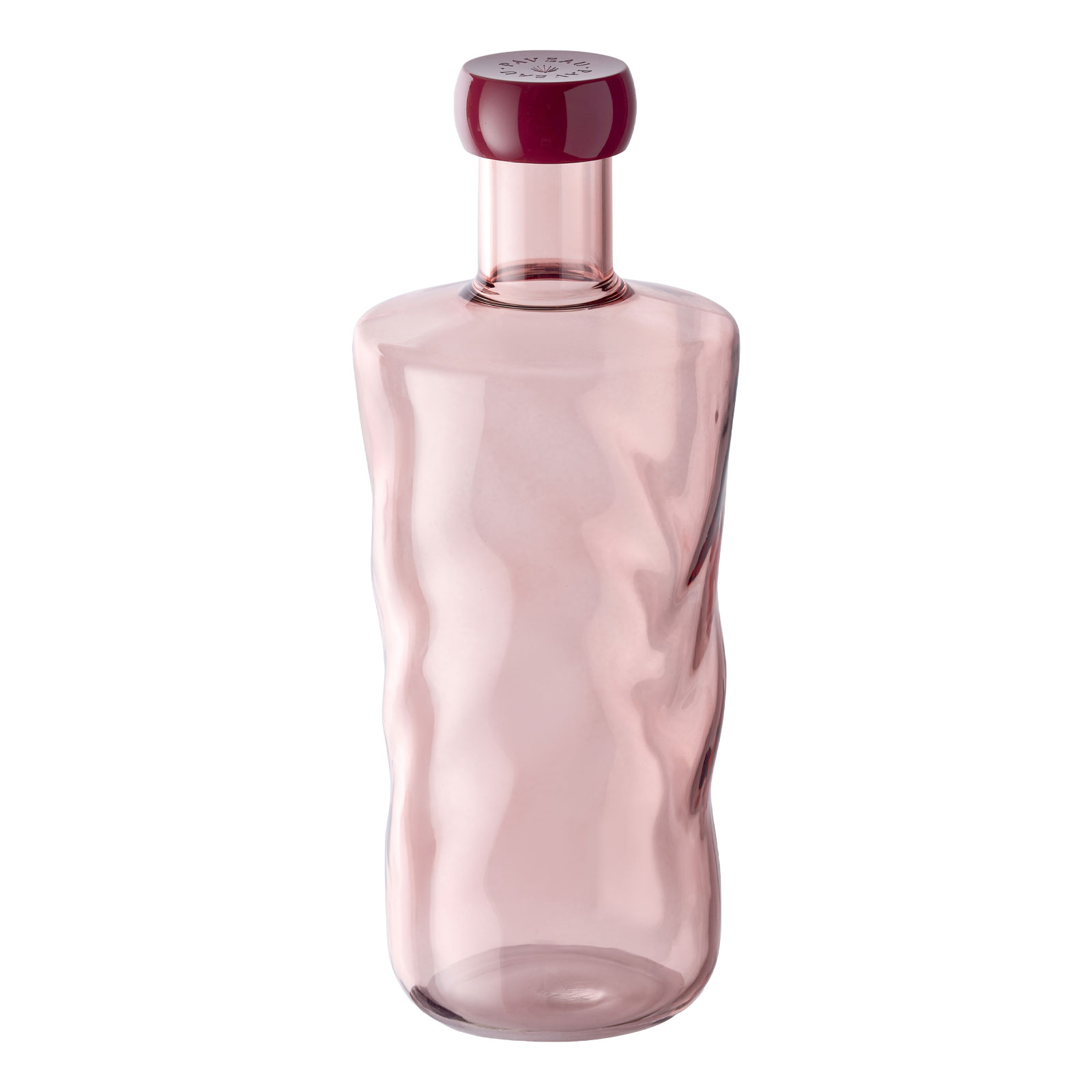 Die Swirl Wasserflasche in Silt von Paveau ist eine bordeauxfarbene Glasflasche mit gleichfarbigem Kunststoffdeckel.